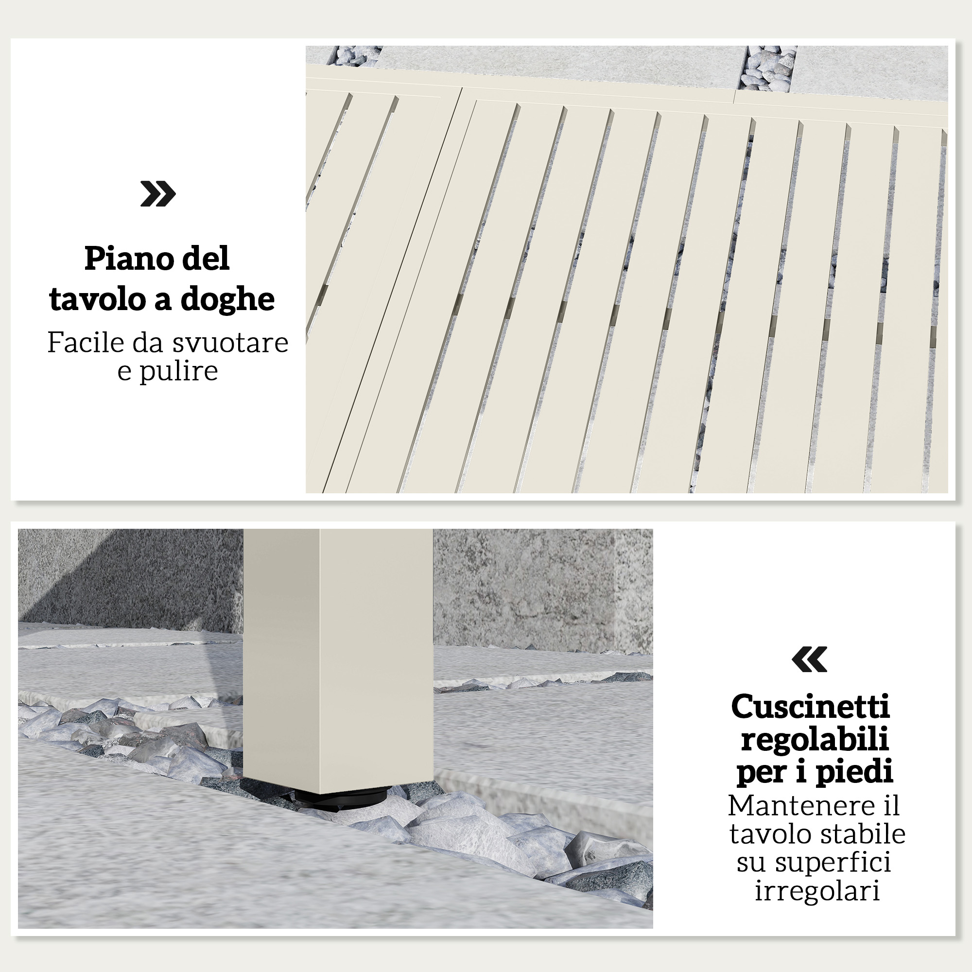 Un piano tavolo a doghe beige e piedini regolabili su pietre.