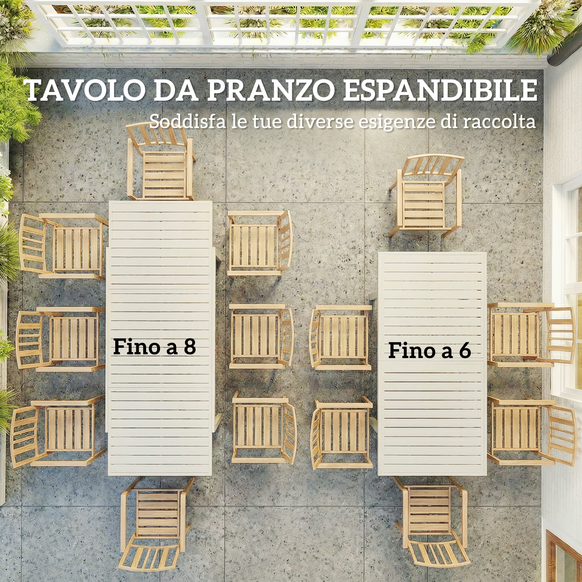 Set da pranzo in legno con tavolo estensibile per 6 o 8 persone.