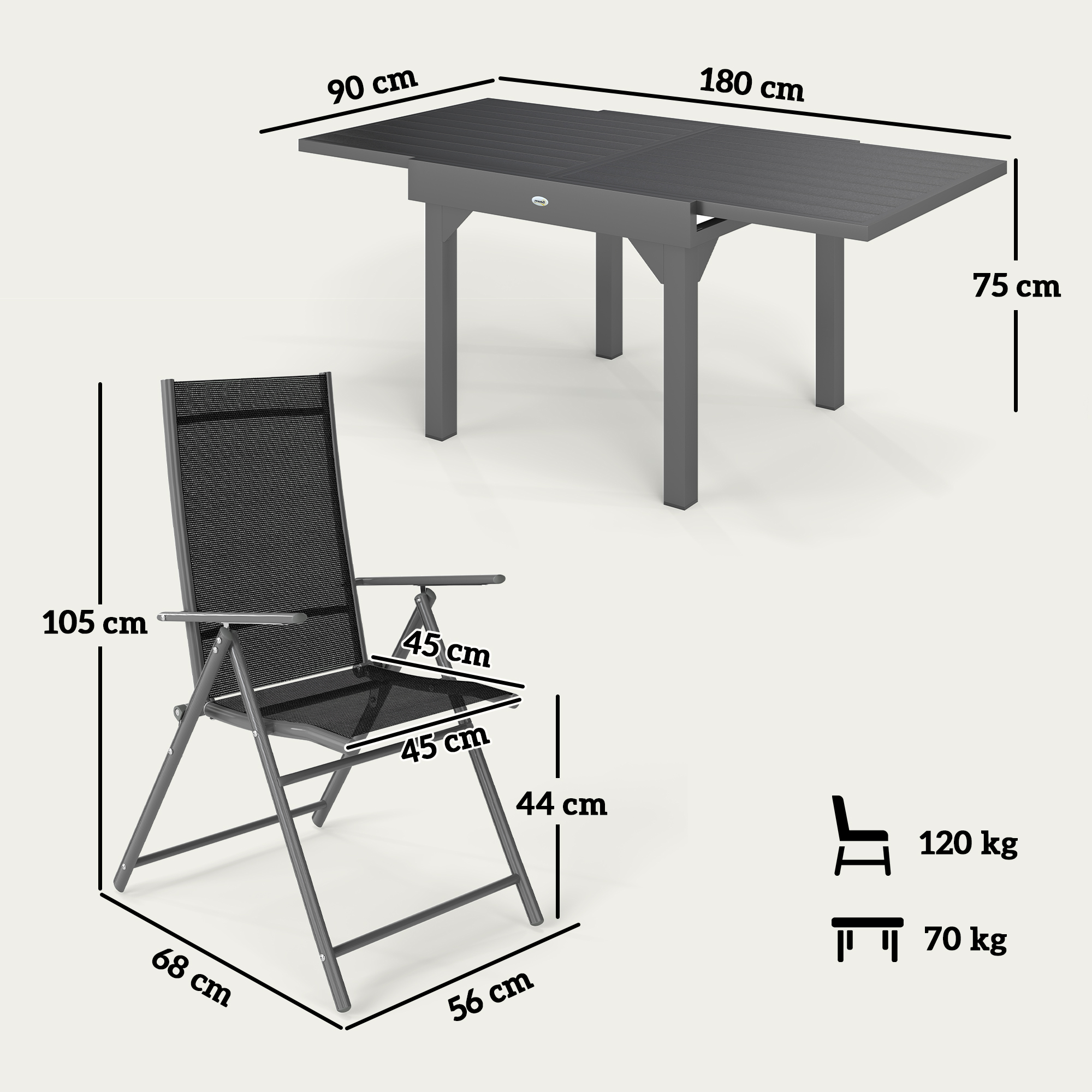 Tavolo estensibile grigio (180x90x75cm) e sedia (105x56x68cm).