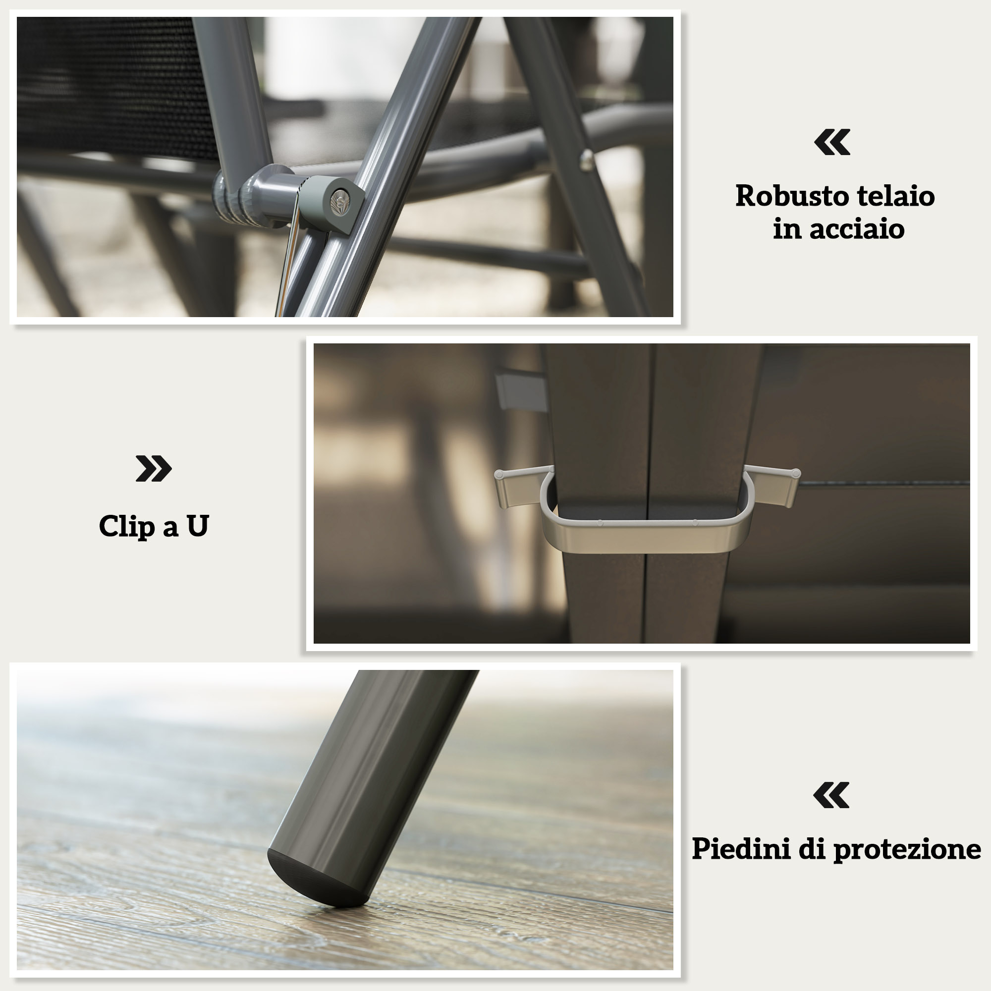Primo piano di una sedia in metallo grigio con focus su giunti, clip e piedi.