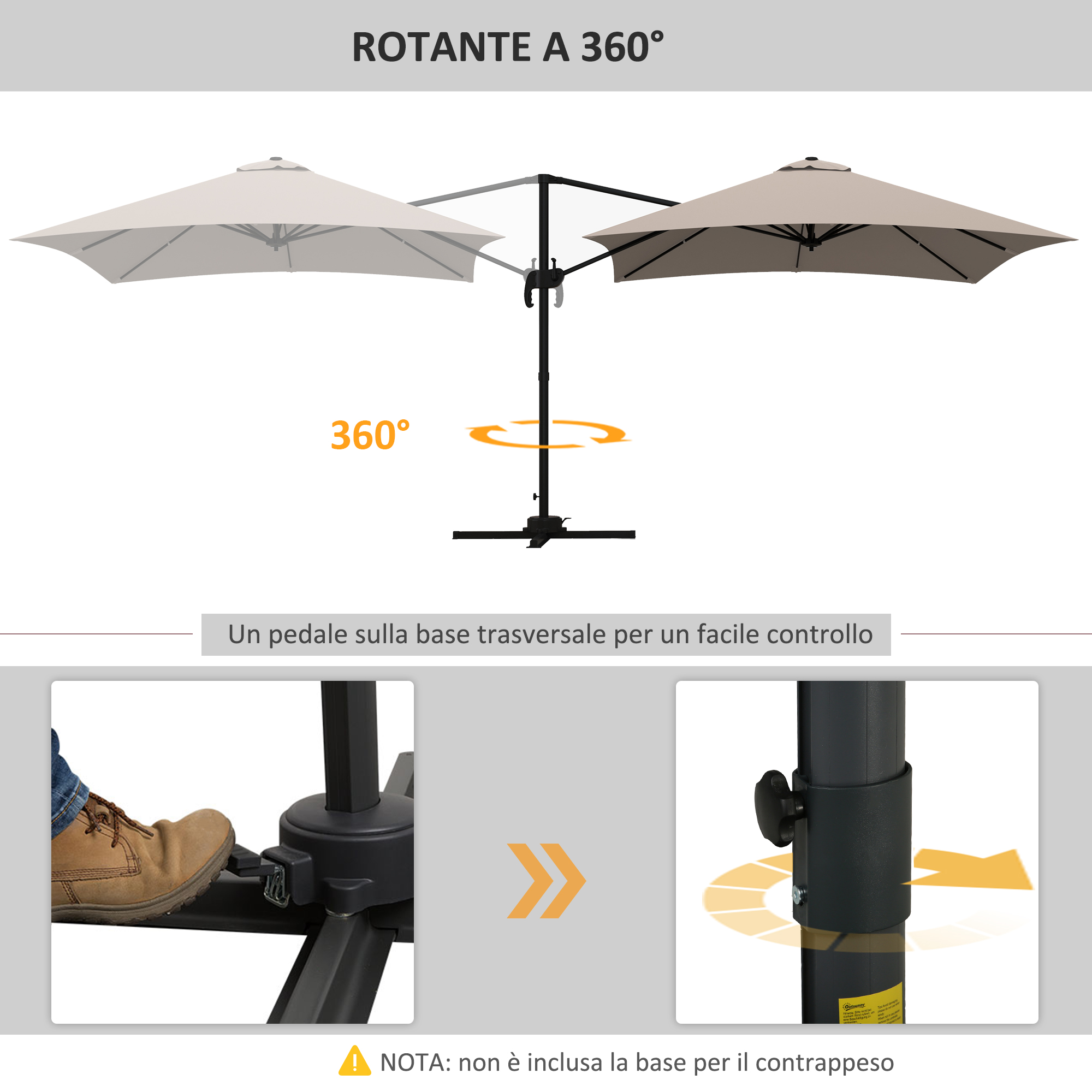 Un ombrellone doppio rotante a 360° con pedale.