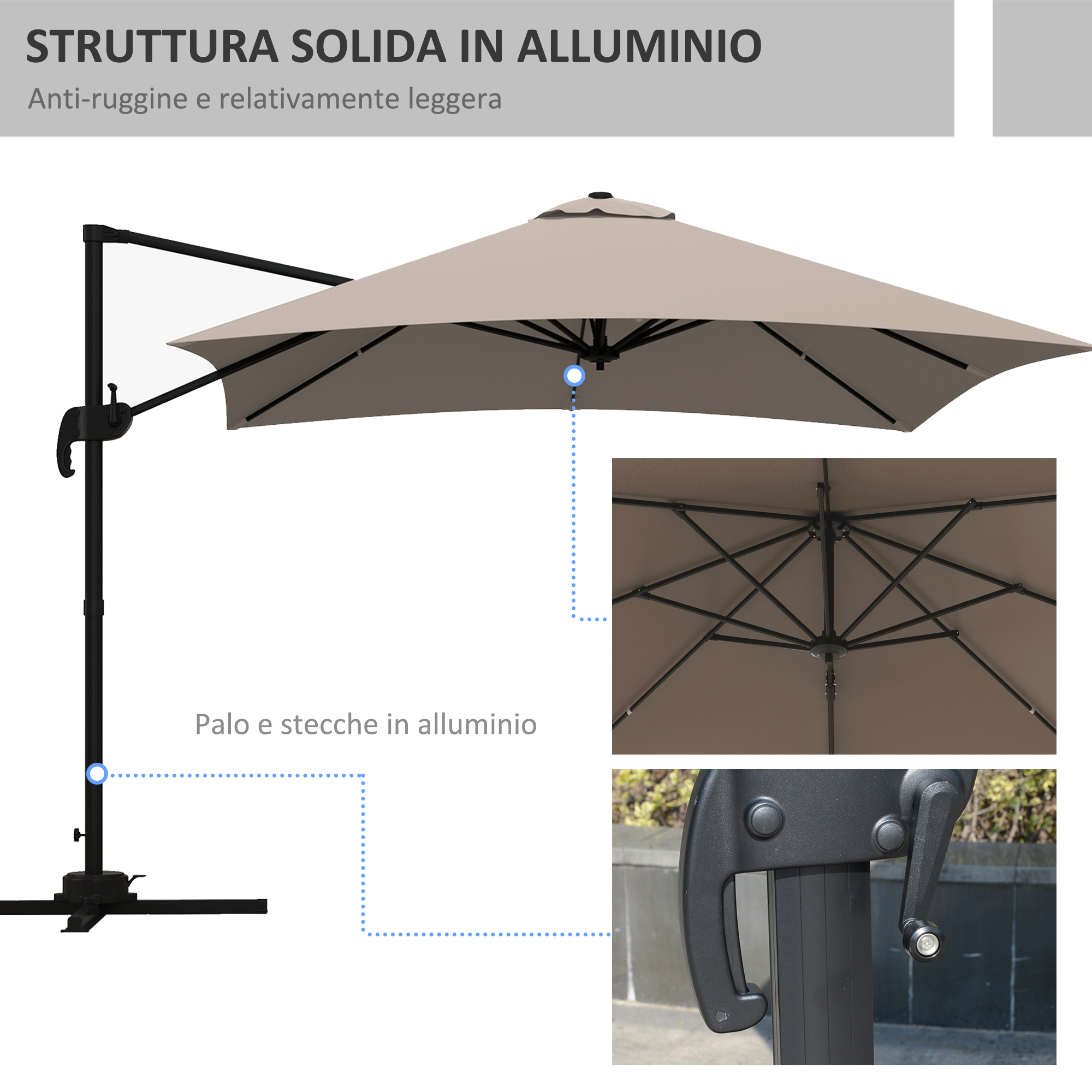 Un ombrellone da esterno beige con struttura in metallo nero e manovella.