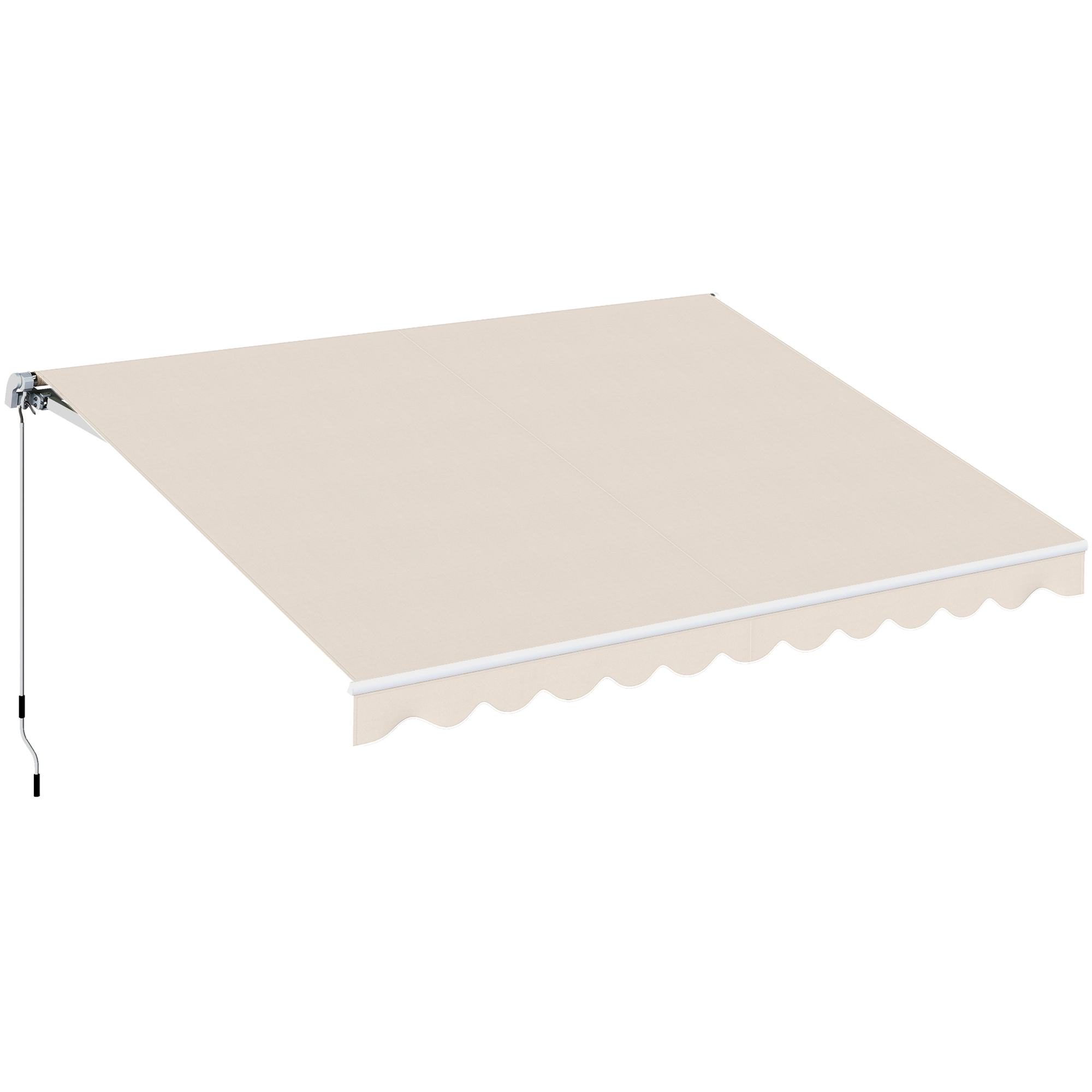 Una tenda da sole beige con bordo smerlato e braccio estensibile argento.