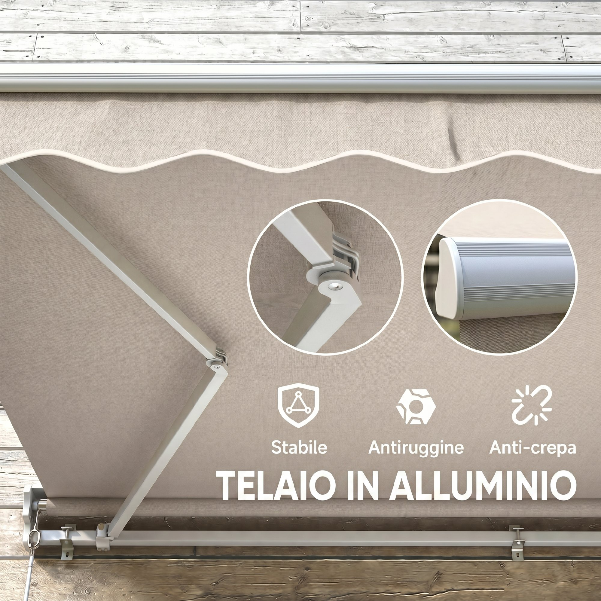 Tenda da sole retrattile con telaio in alluminio e tessuto beige. Stabile.