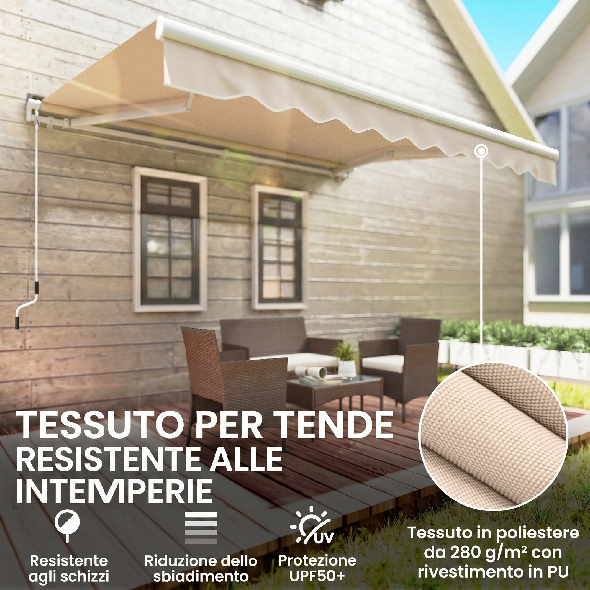 Un tessuto per tende beige con manovella mostrato su una terrazza in legno con mobili.