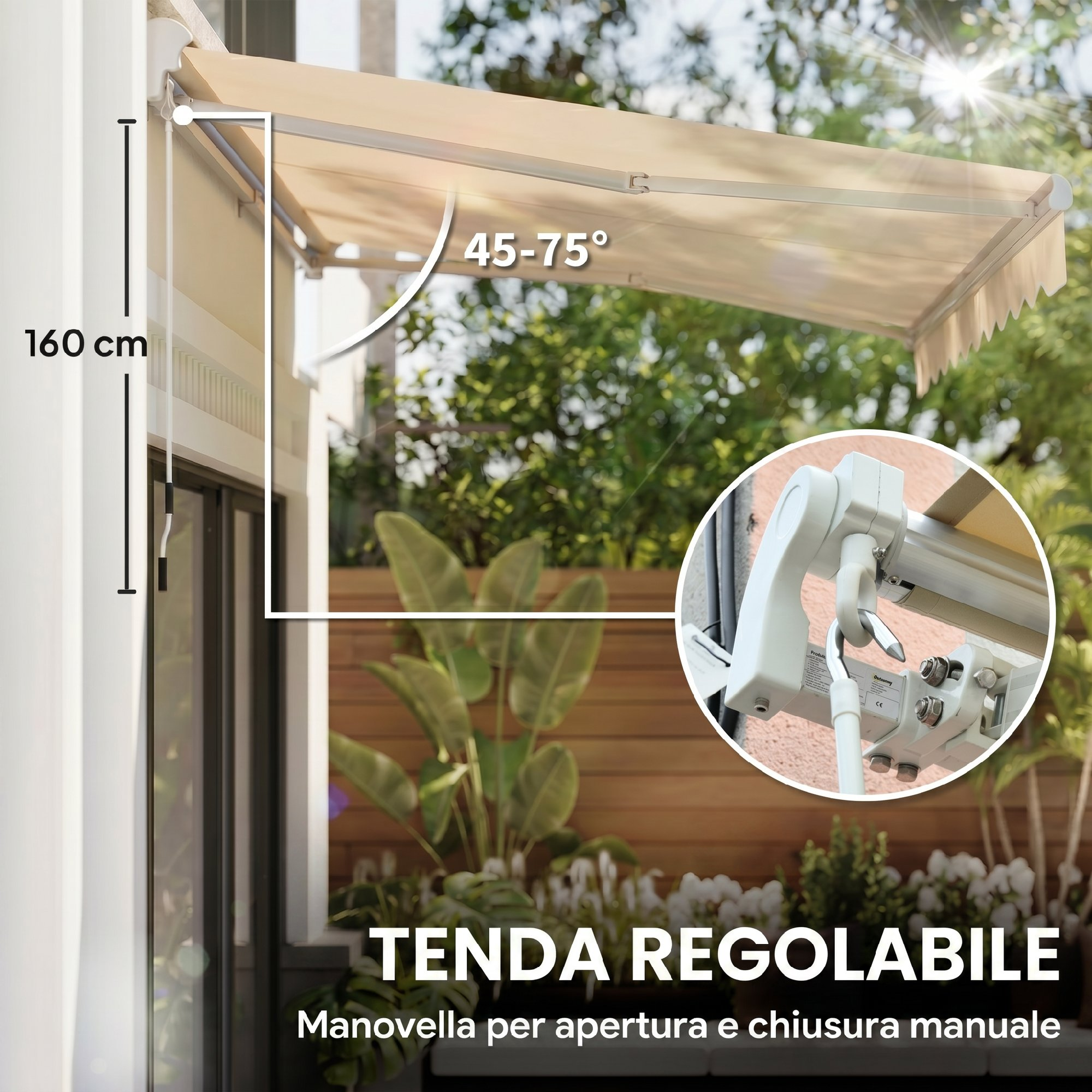 Tenda regolabile, alta 160 cm, angolo 45-75°, con manovella.