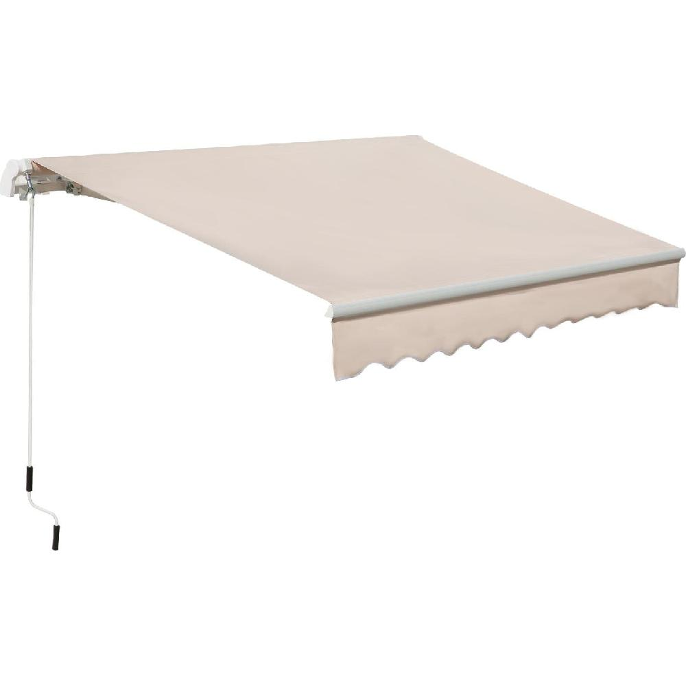 Un tessuto per tenda da sole beige esteso con orlo smerlato e manovella.