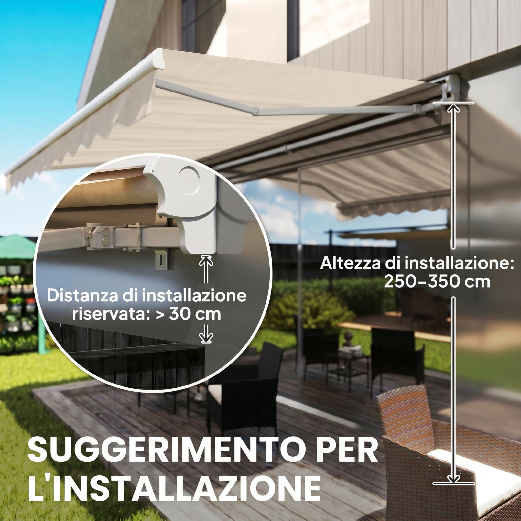 Un tendone esteso su un patio con mobili. Dettagli di installazione mostrati.