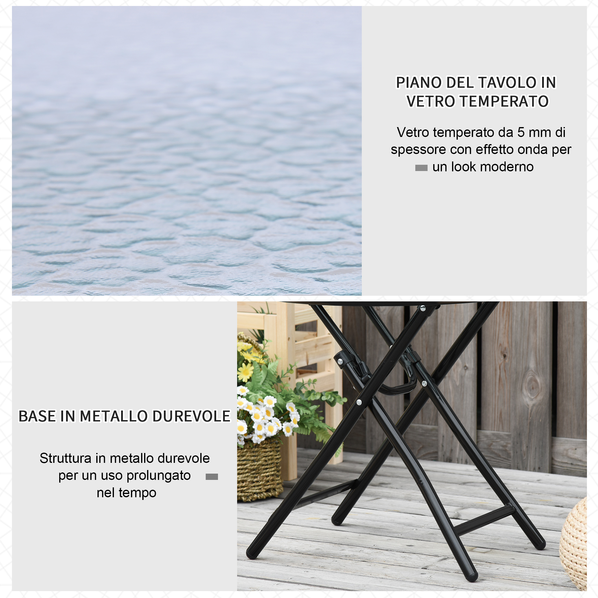 Piano tavolo in vetro temperato con effetto onda e base in metallo nero.