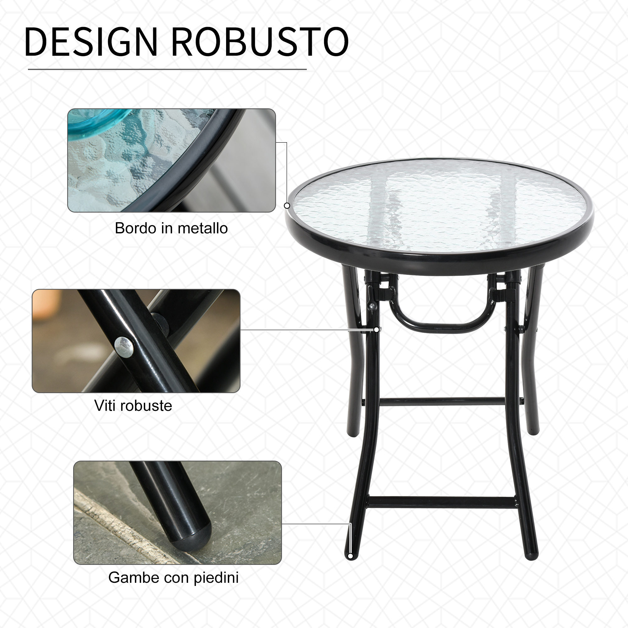 Tavolo rotondo in vetro con struttura in metallo nero, dettagli mostrati.