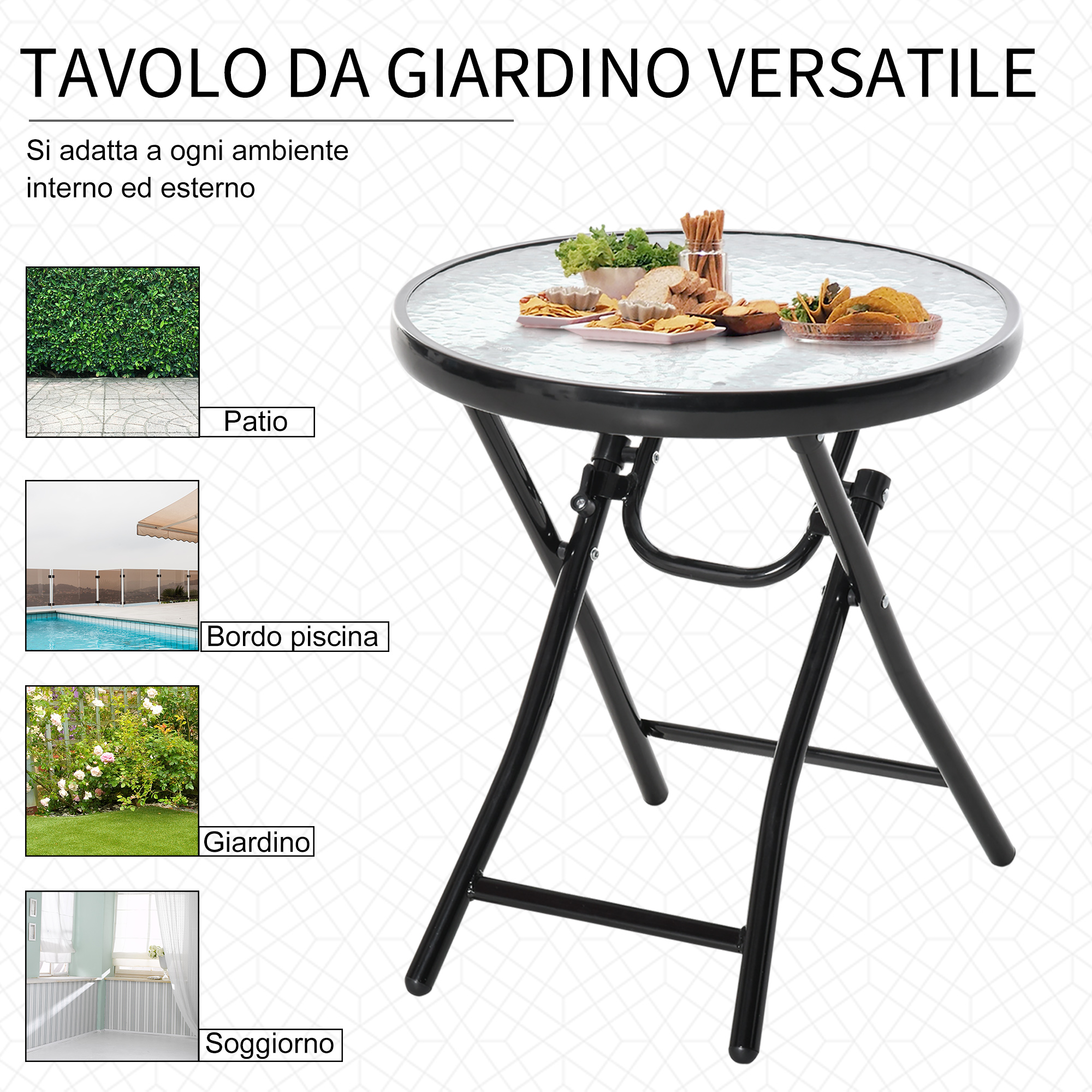Un tavolo rotondo da giardino con piano in vetro e snack, circondato da immagini di patii, piscine, giardini e soggiorni.