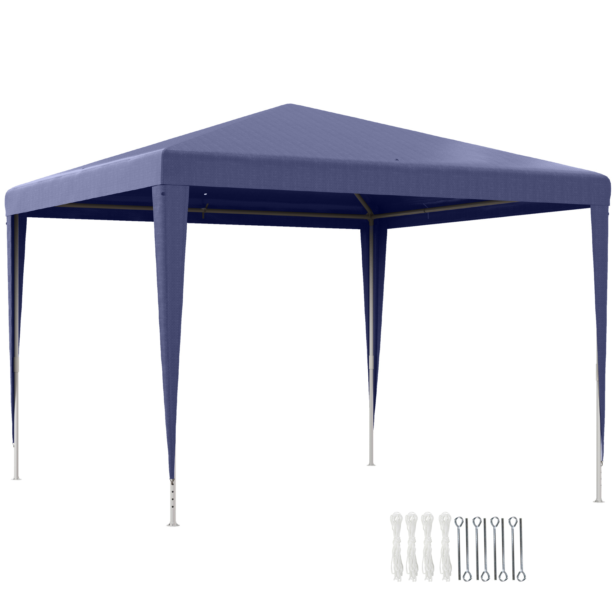 Una tenda blu con telaio in metallo, picchetti e corde.