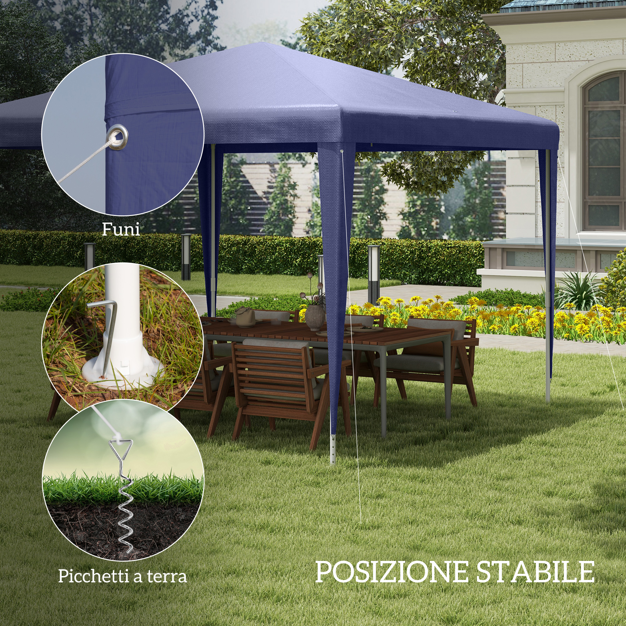 Un gazebo blu scuro in giardino con tavolo da pranzo e sedie, stabilizzato da picchetti.