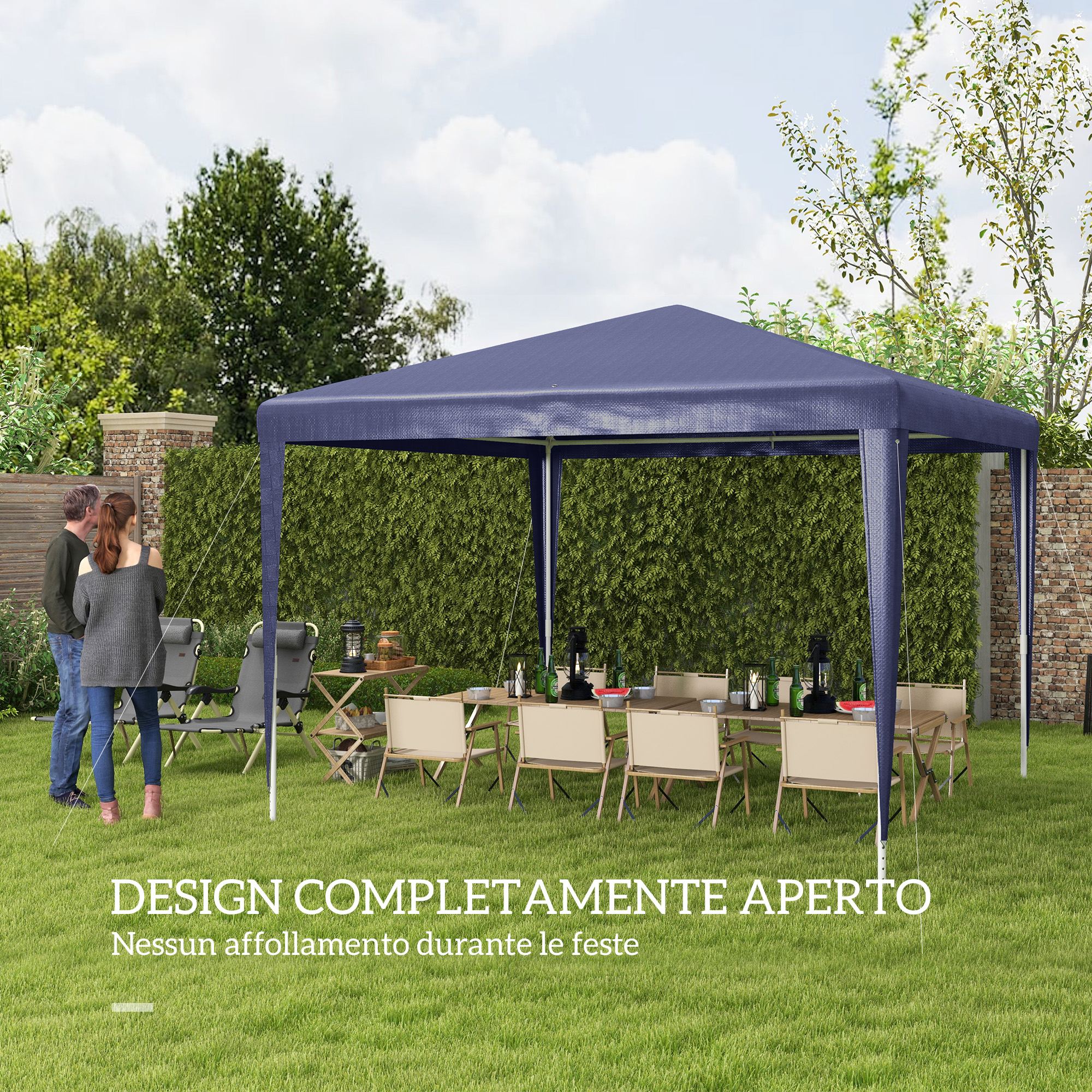 Una tenda blu in giardino con tavolo, sedie e due persone.