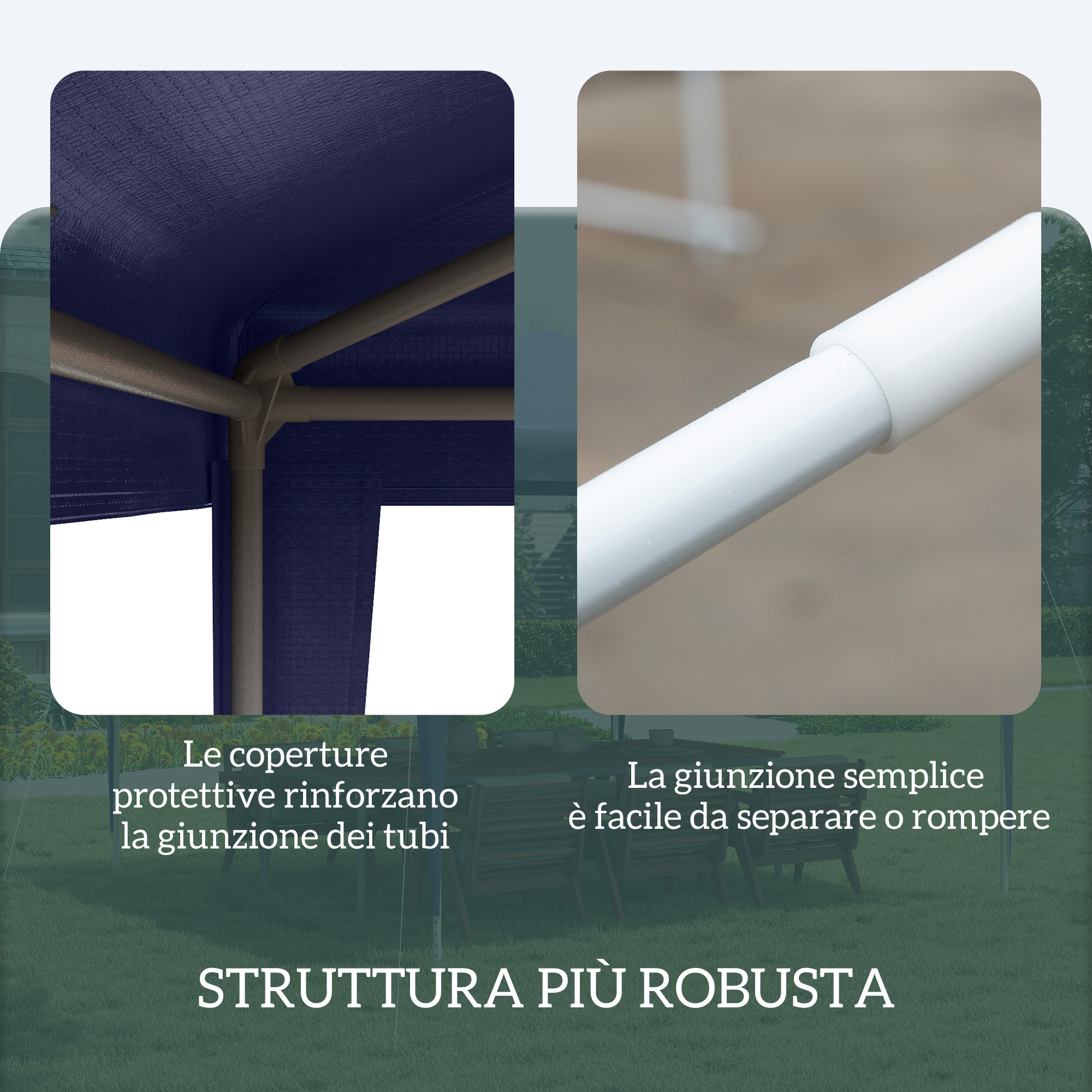 Tenda blu scuro con telaio metallico, dettagli di cucitura e tubo bianco.
