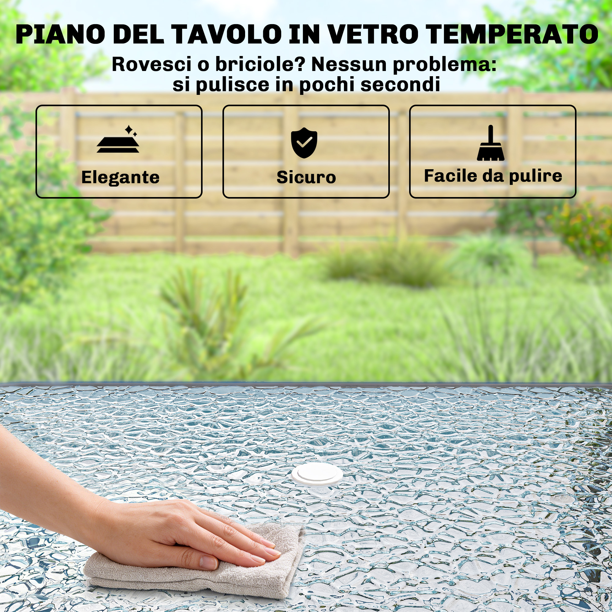 Una mano pulisce una superficie di vetro testurizzato con un panno.
