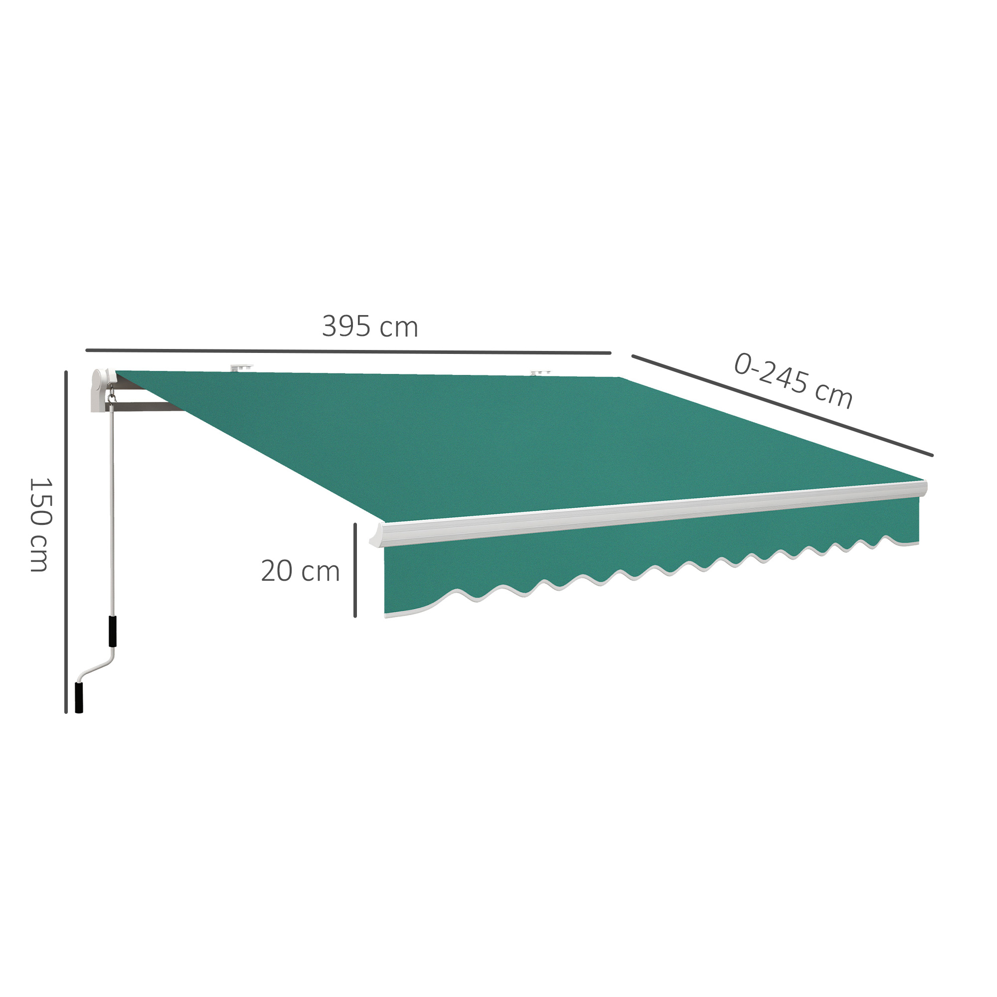 Una tettoia verde di 395x245 cm con una caduta di 20 cm.