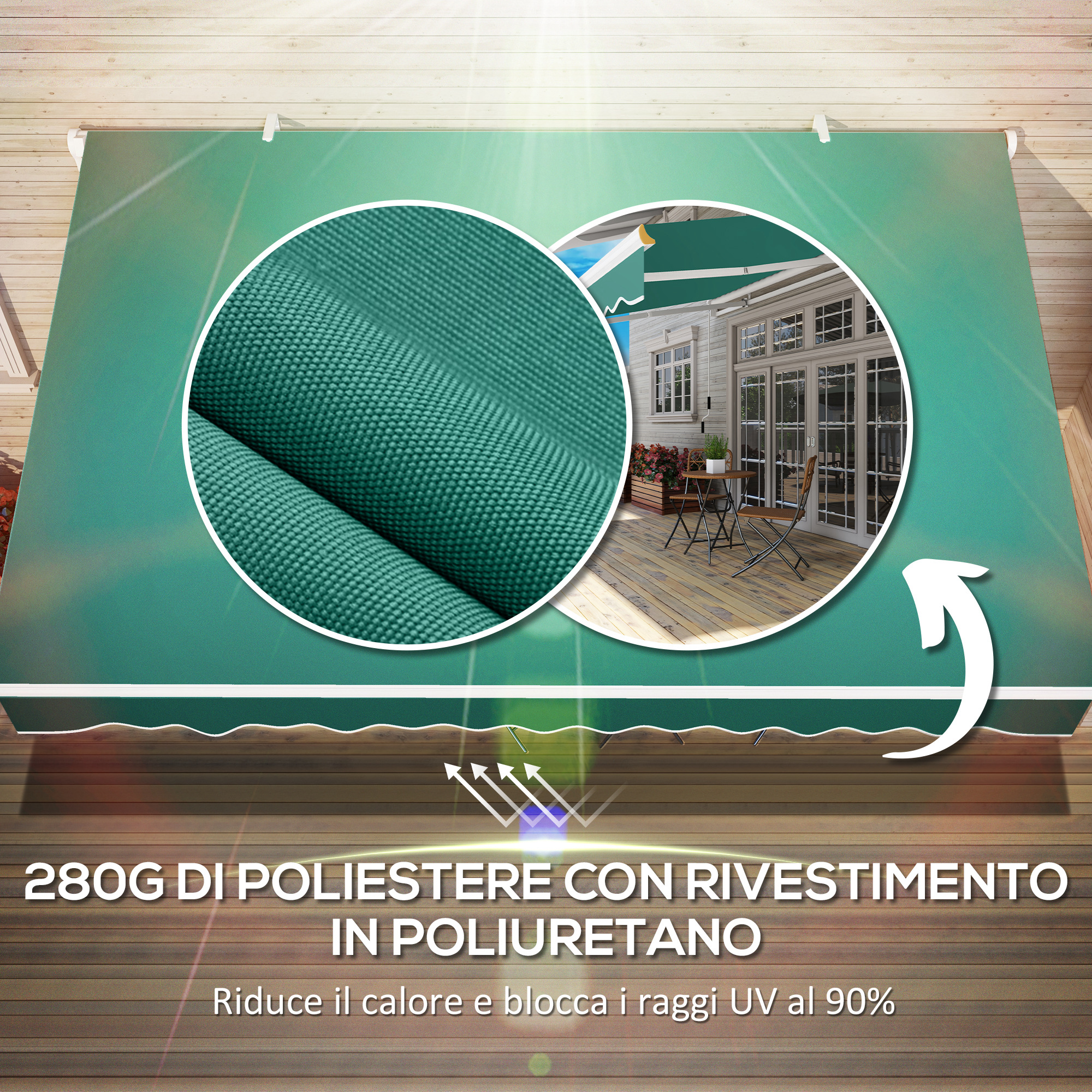 Tendalino verde con primo piano del tessuto, mobili da giardino sfondo.