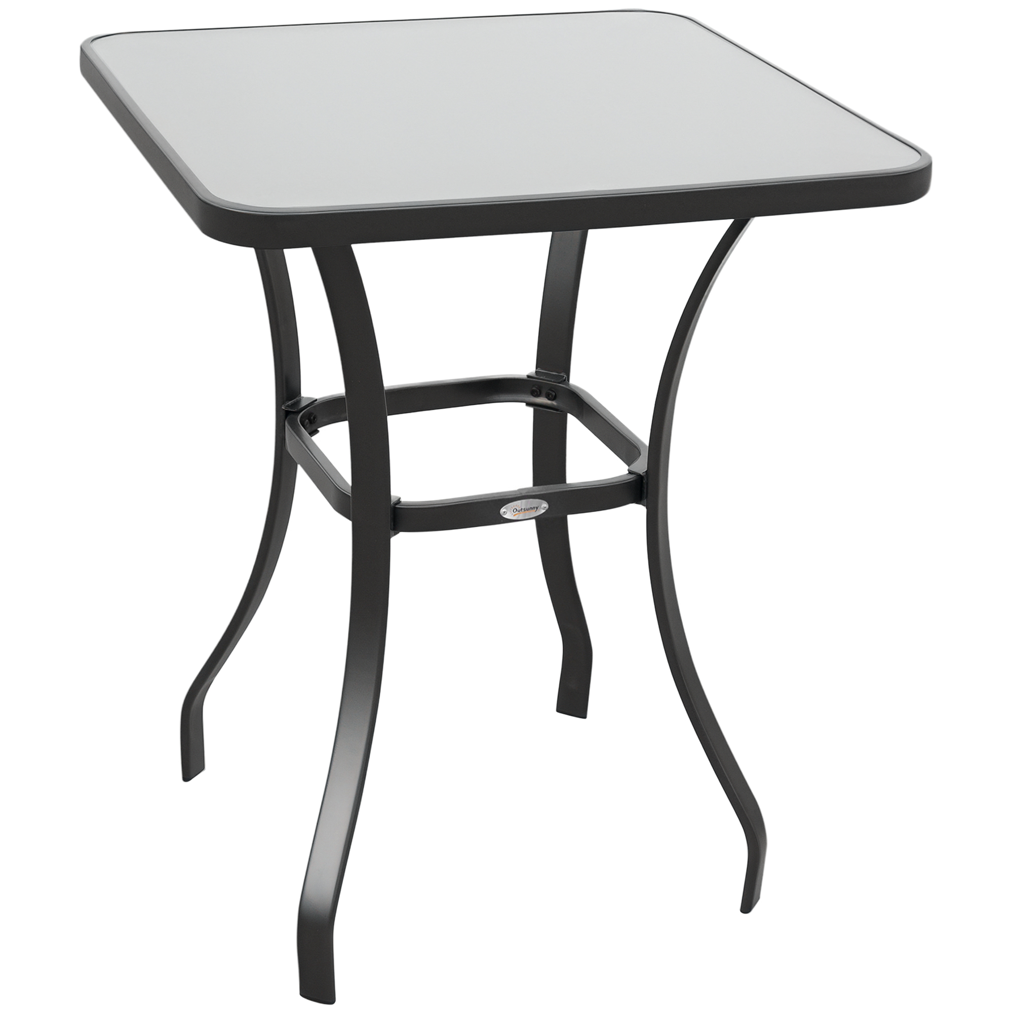 Un tavolino da bistrot quadrato con piano in vetro e telaio in metallo nero.