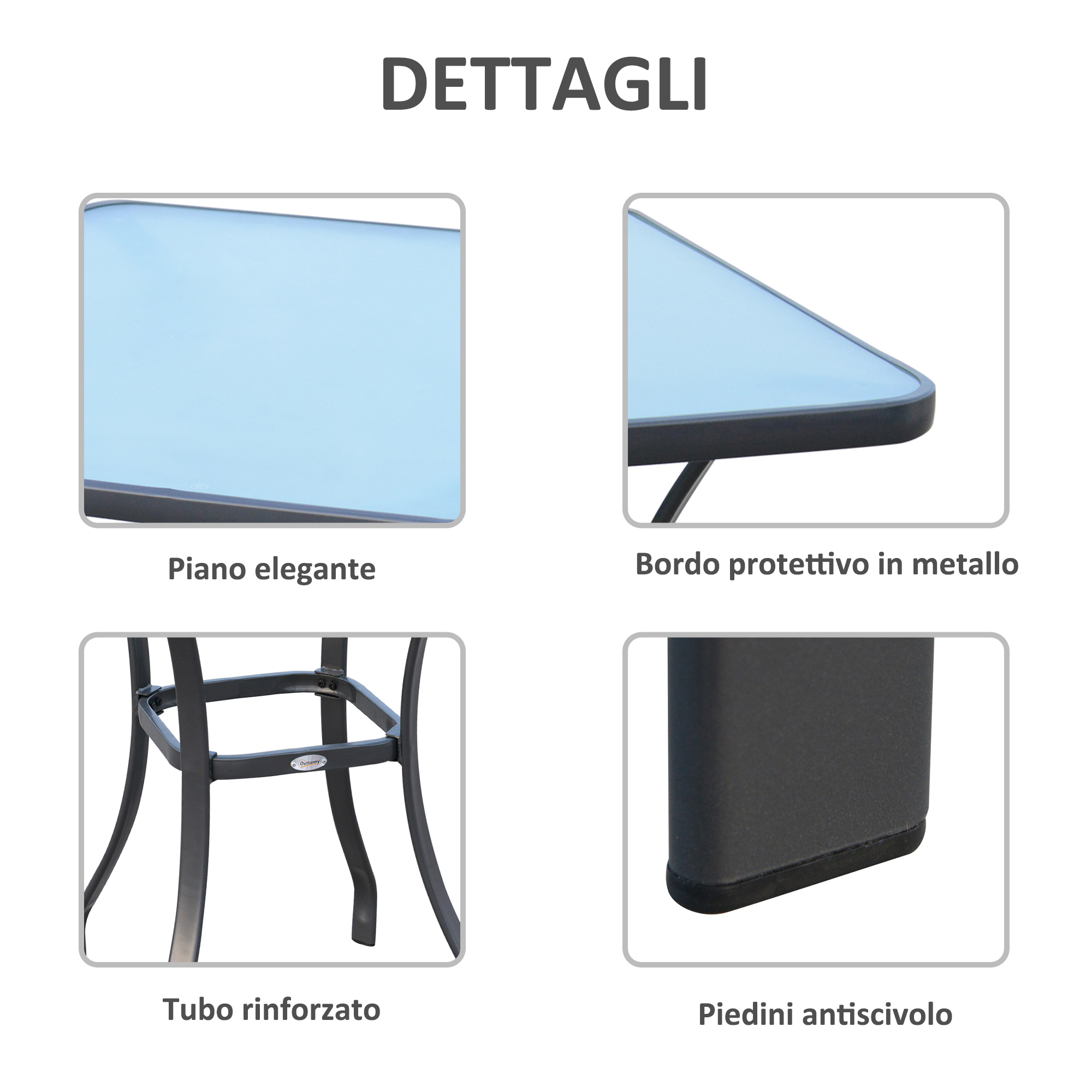 Dettagli: Piano elegante, bordo metallo, tubo rinforzato, piedini antiscivolo.