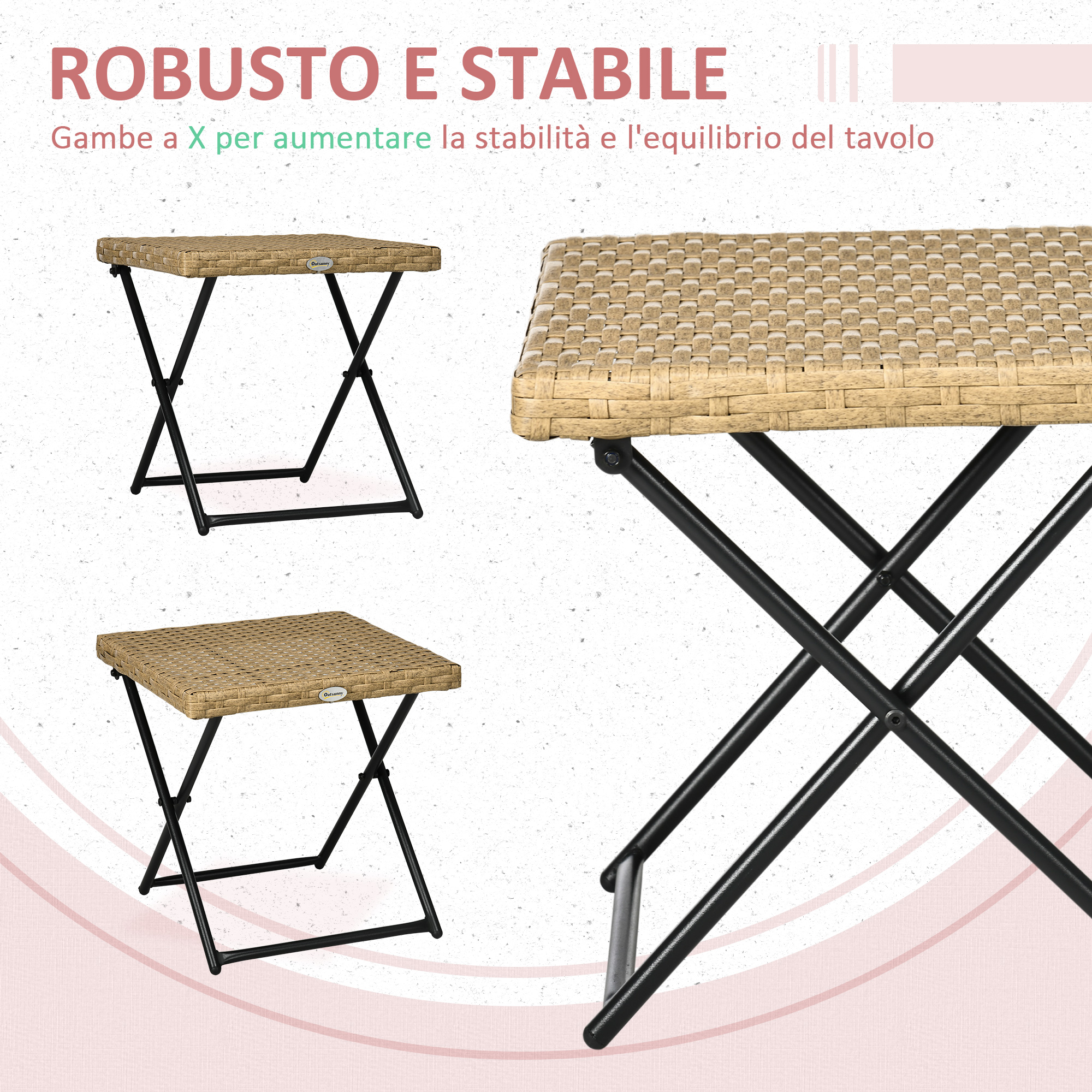 Un piccolo tavolo in vimini con gambe nere a forma di X.