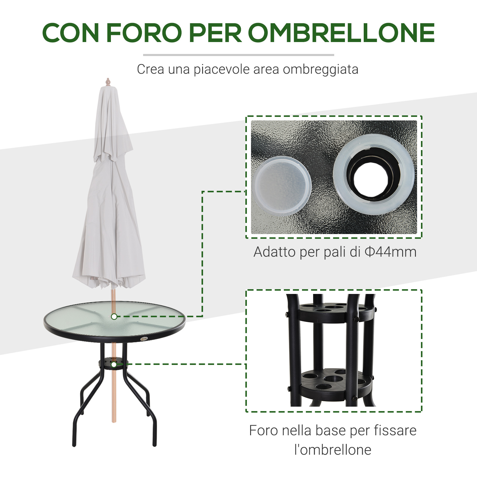 Tavolo rotondo in vetro con portaombrellone e copertura ombrellone bianca chiusa.