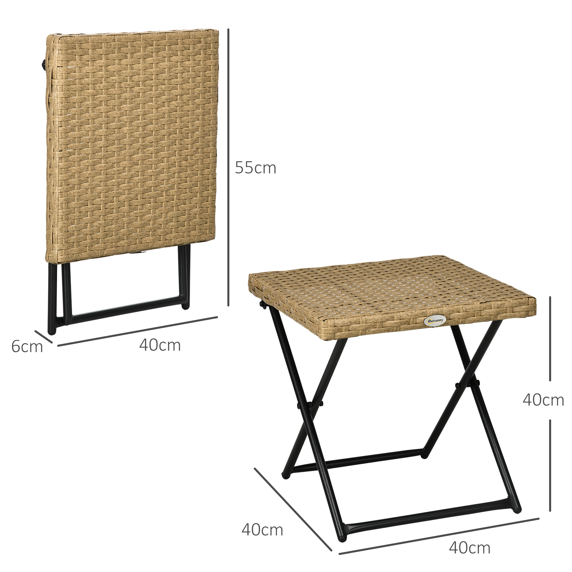 Un tavolo pieghevole marrone in rattan con gambe in metallo nero.