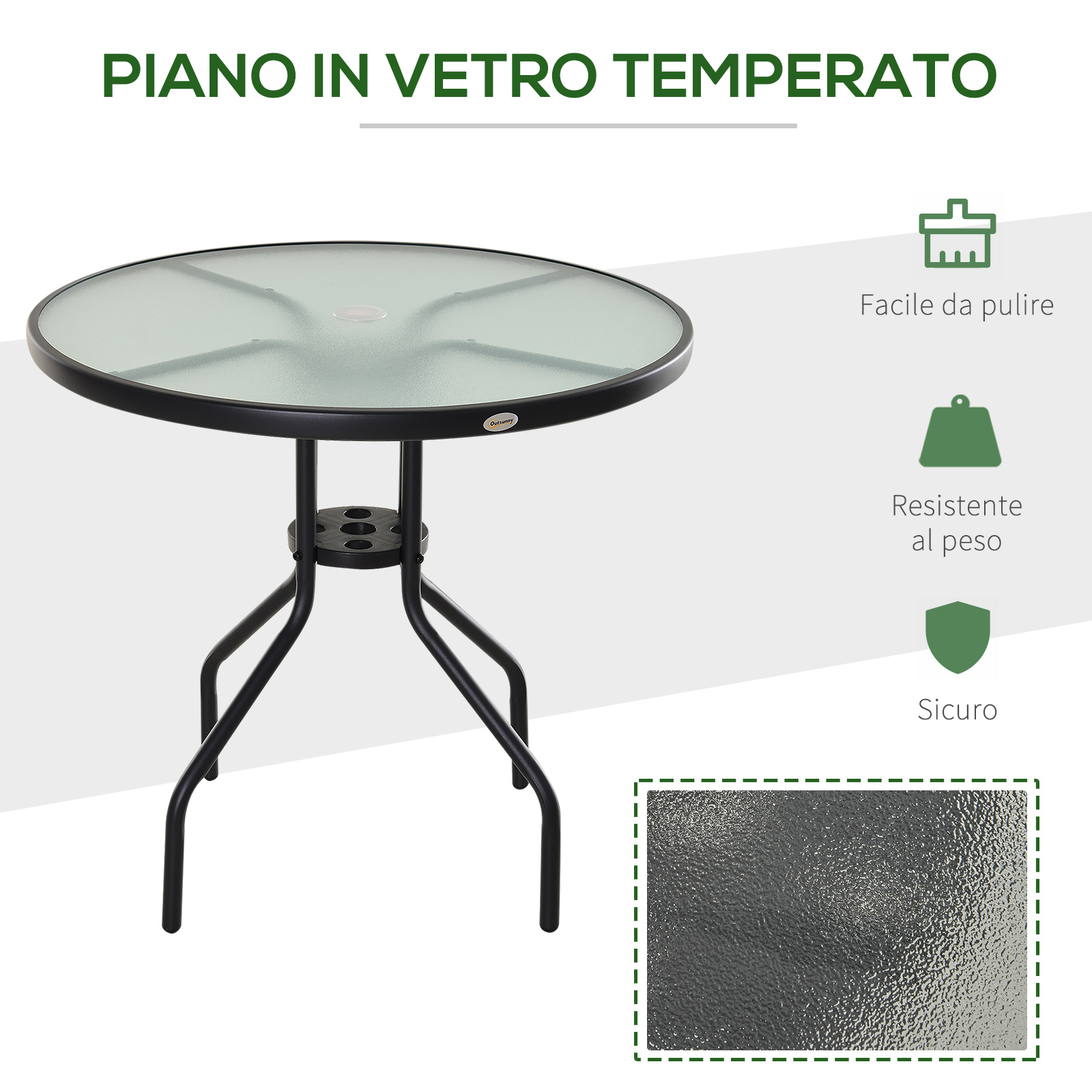 Tavolo rotondo in vetro con base in metallo nero e gambe curve.