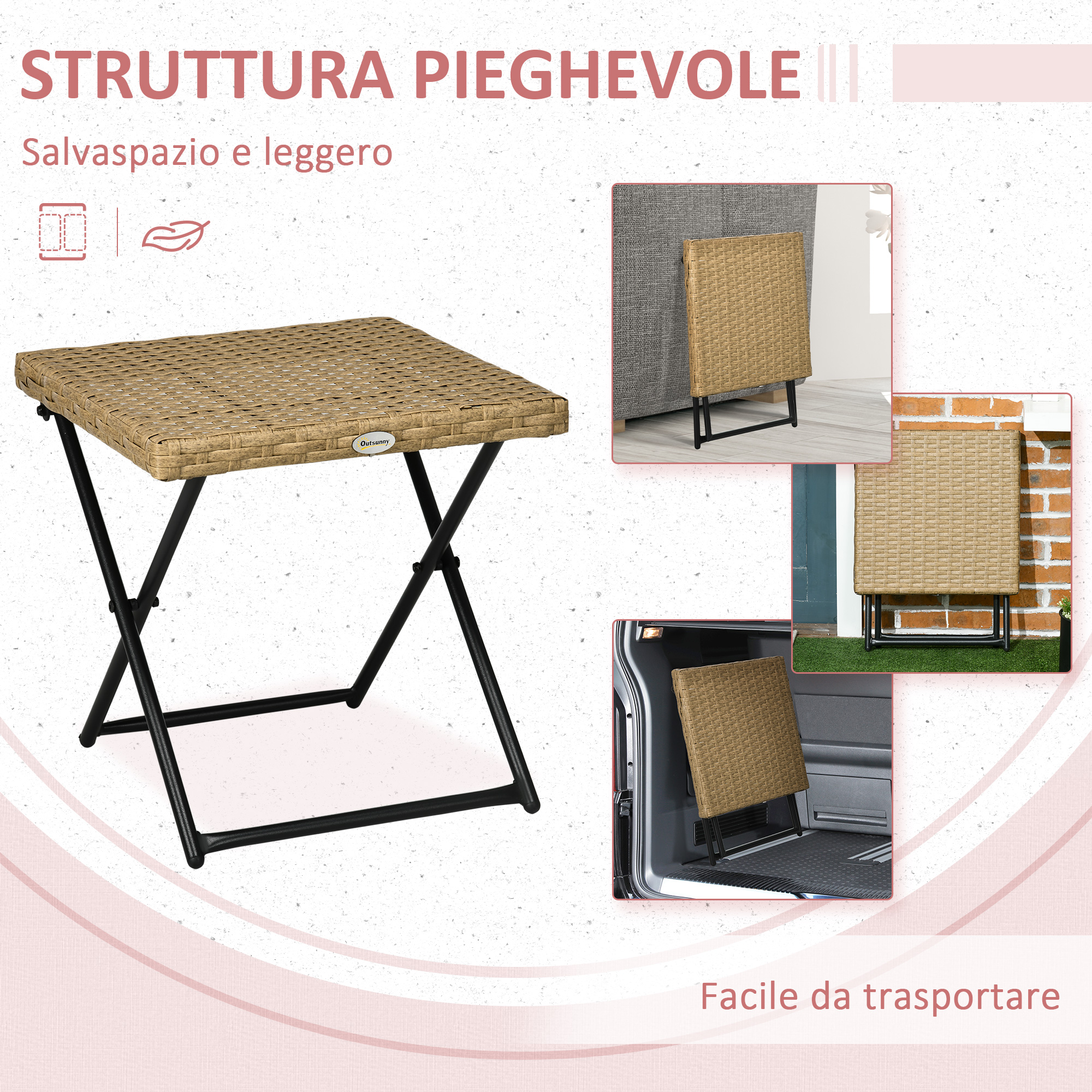 Un tavolo pieghevole in rattan marrone con struttura in metallo nero.