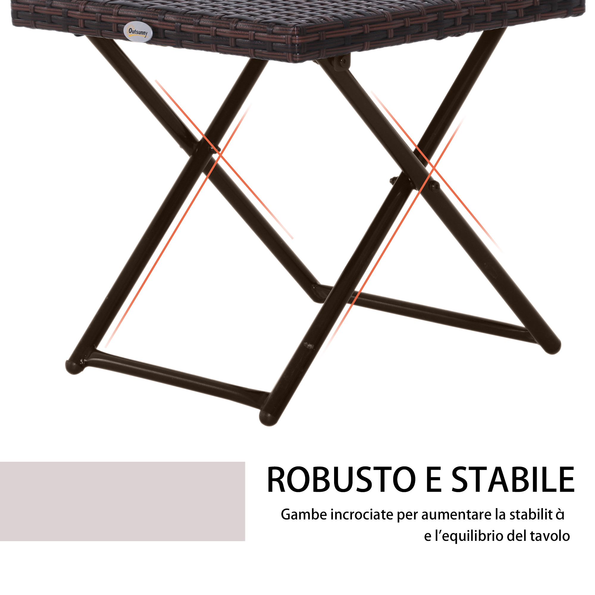 Tavolo in rattan marrone con gambe metalliche scure e incrociate. Testo: Robusto e stabile.