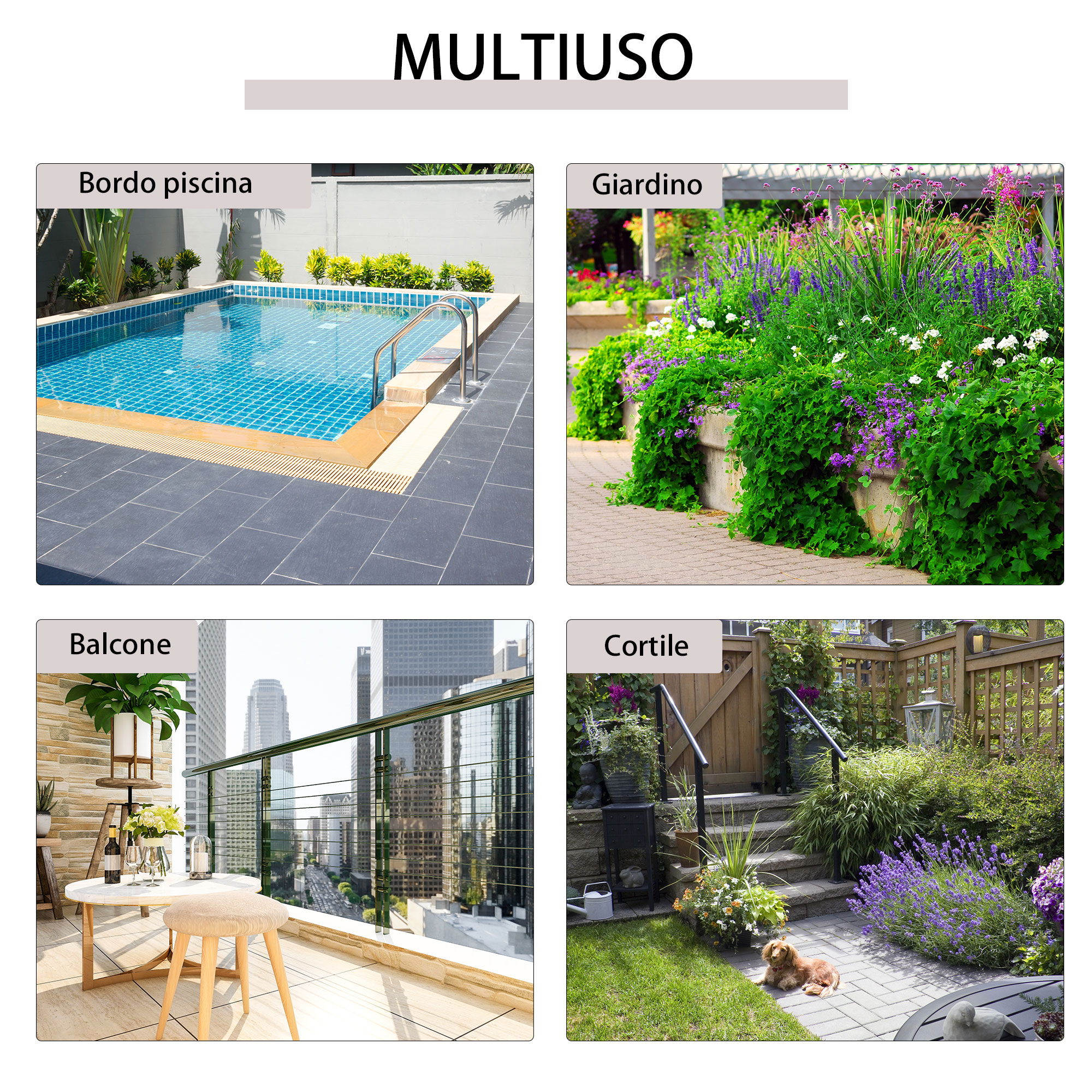 Quattro immagini: Bordo piscina, giardino, balcone vista città, cortile con cane.