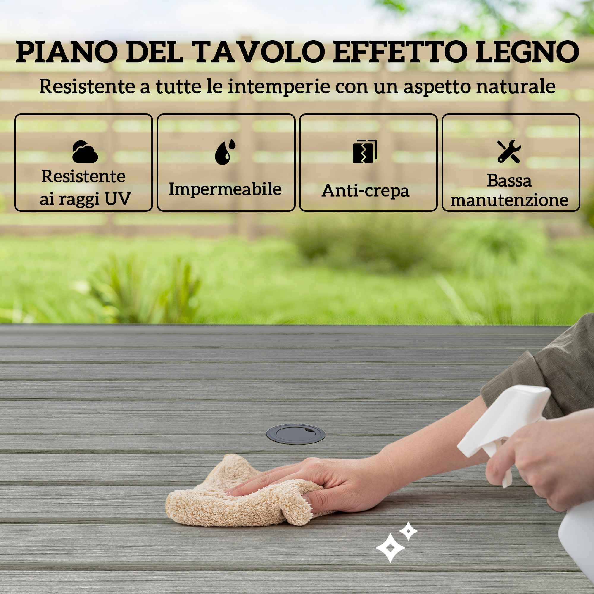 Una mano pulisce un tavolo effetto legno con panno e spruzzino.