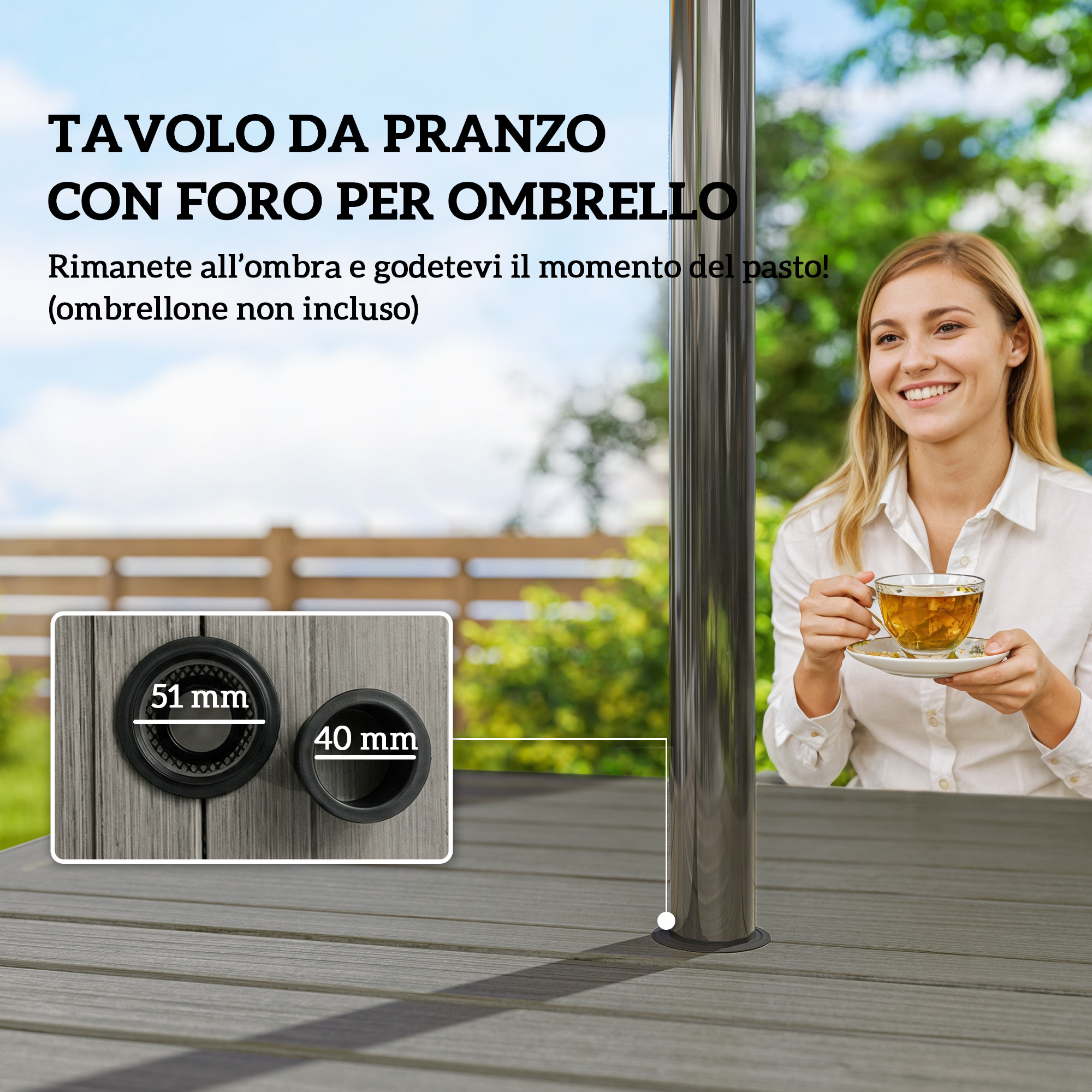 Un tavolo con foro per ombrello e due inserti (51mm, 40mm).