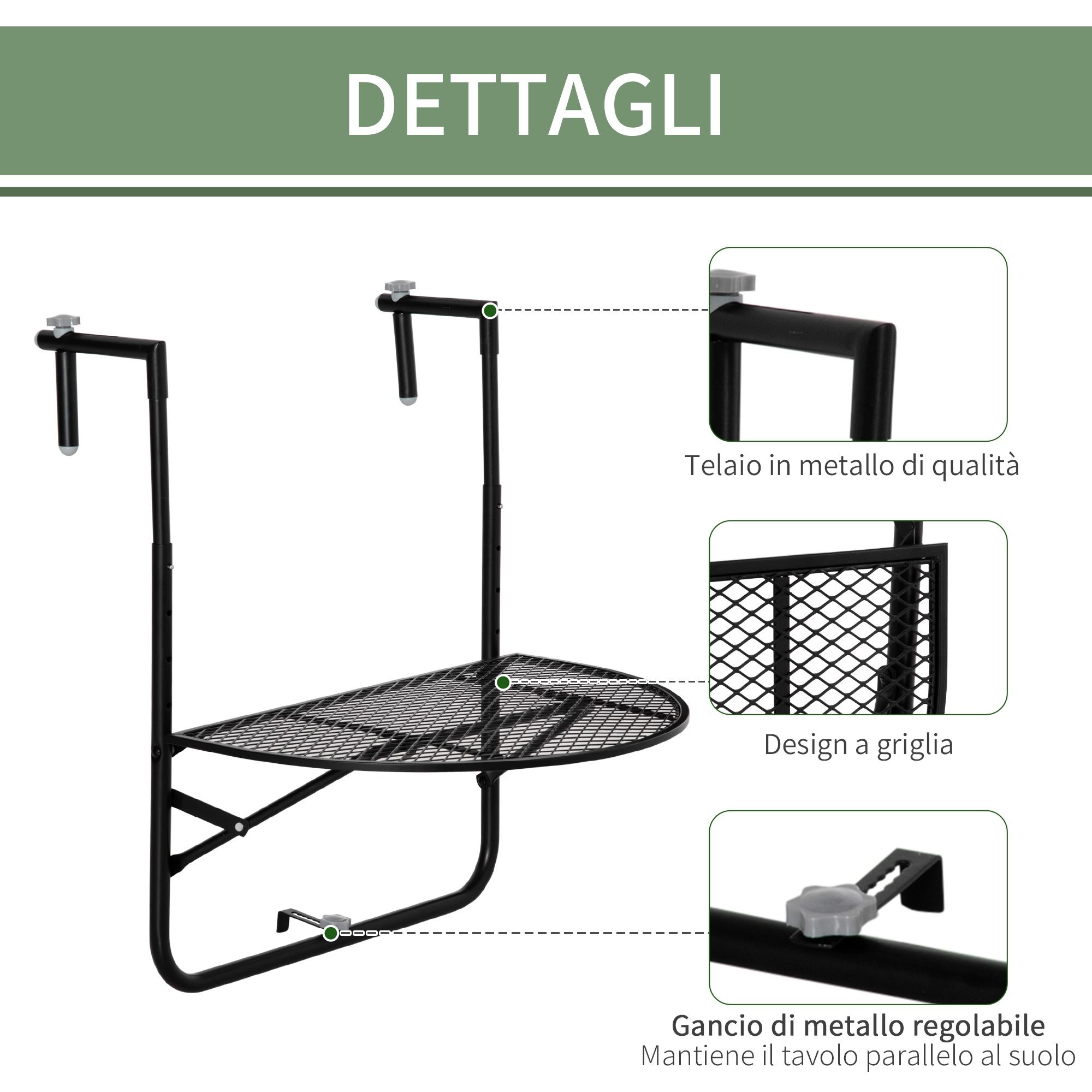 Una mensola in metallo nero con ganci e design a griglia.