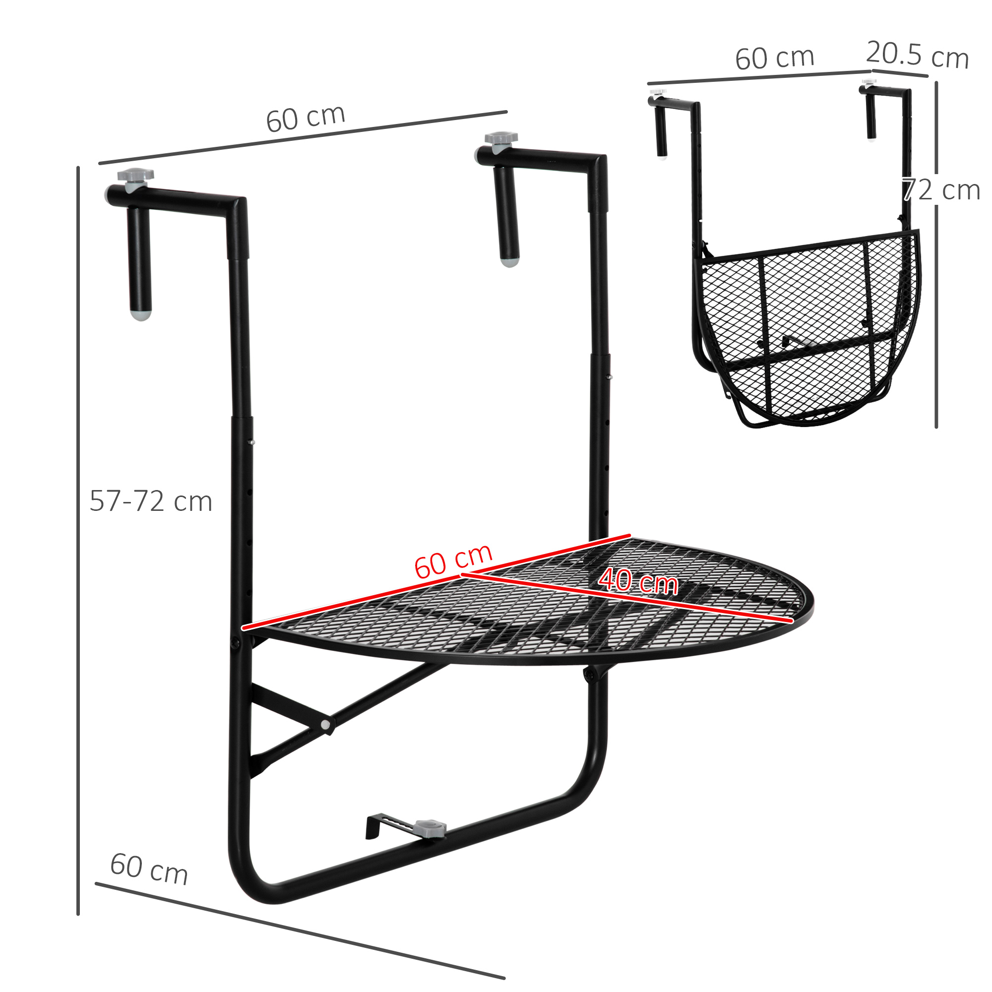 Un tavolo da balcone nero con superficie a rete e altezza regolabile, mostrato con dimensioni e un'immagine inserita piegata.