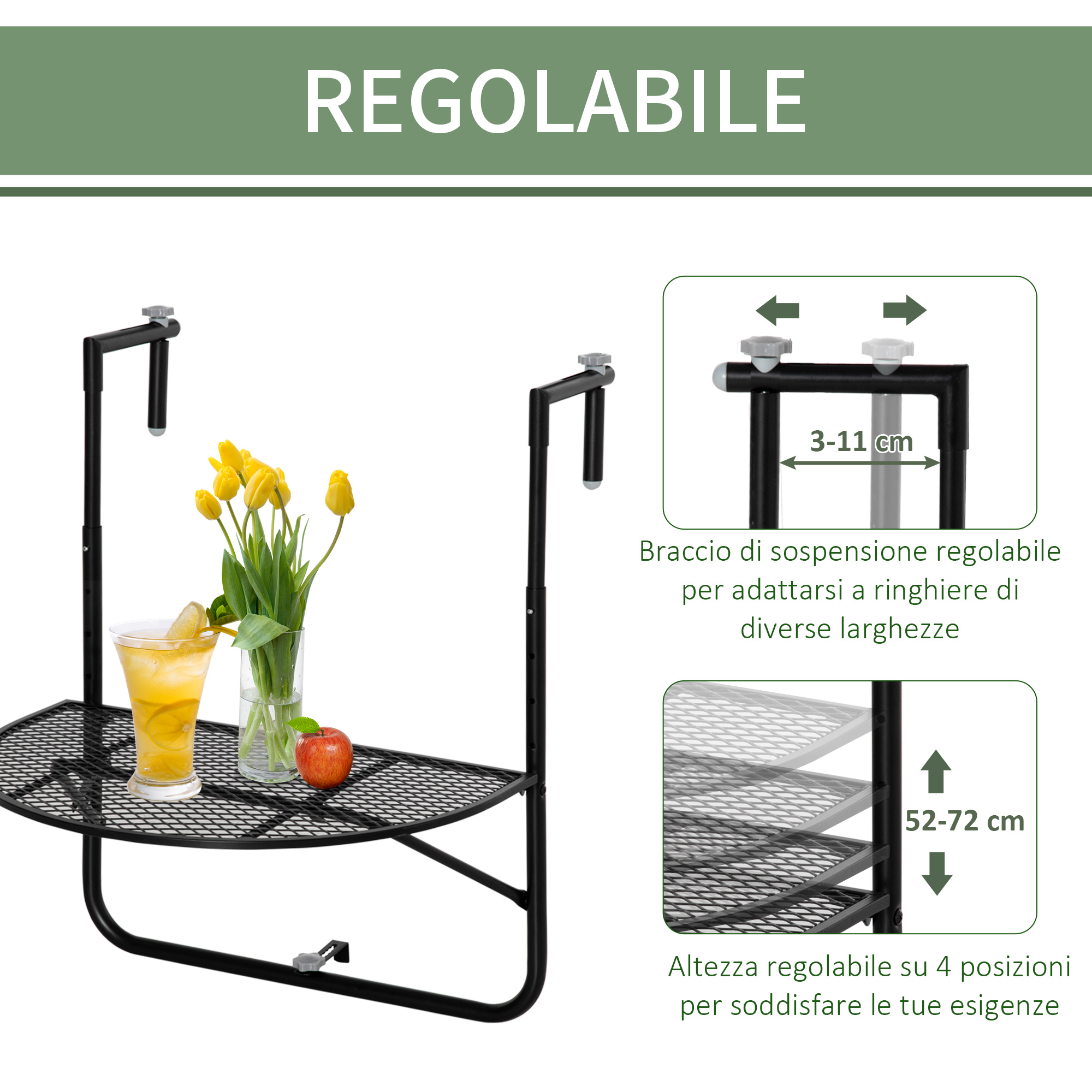 Tavolino regolabile per ringhiera con bevanda, fiori e mela.