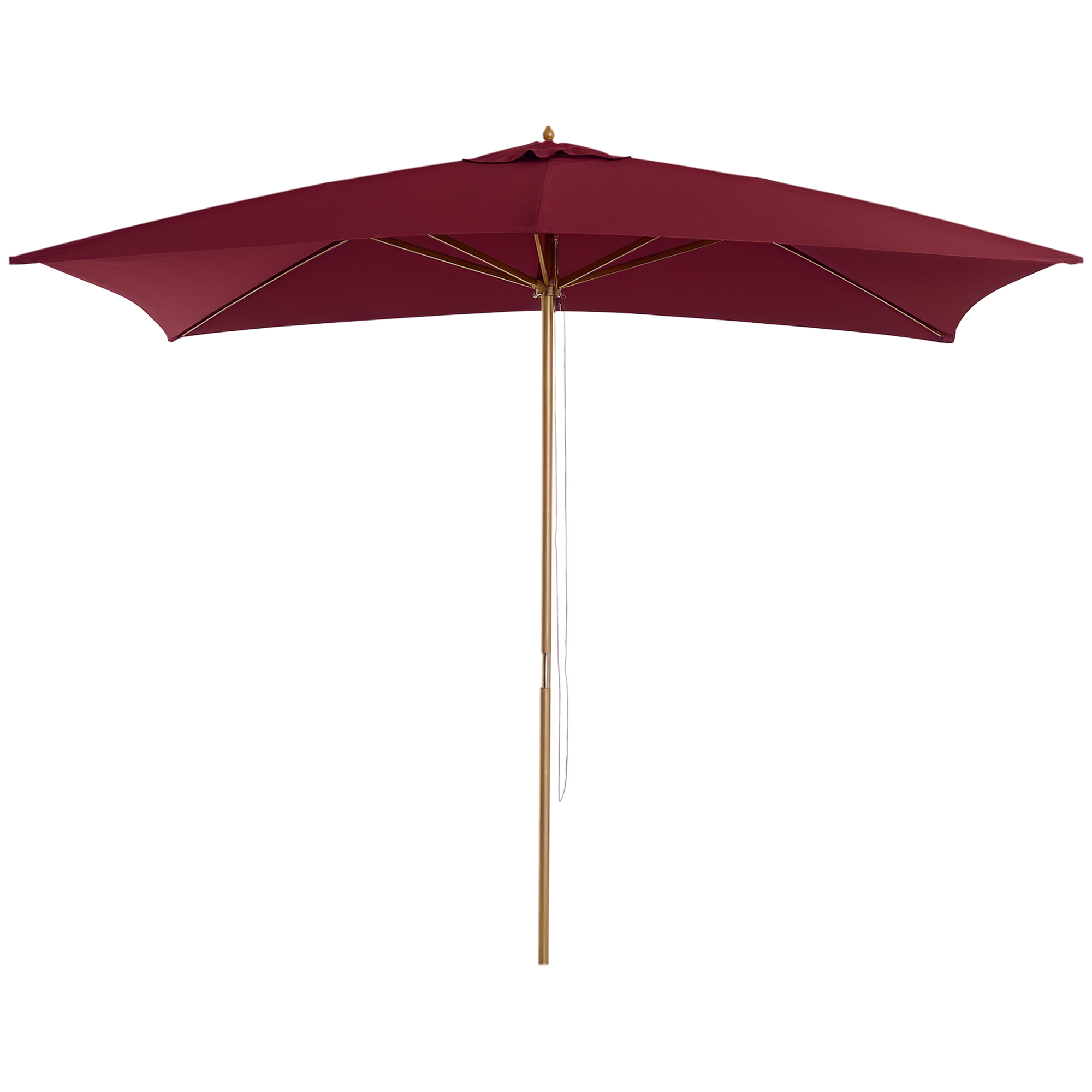 Un ombrellone rettangolare color bordeaux con palo in legno e corda.