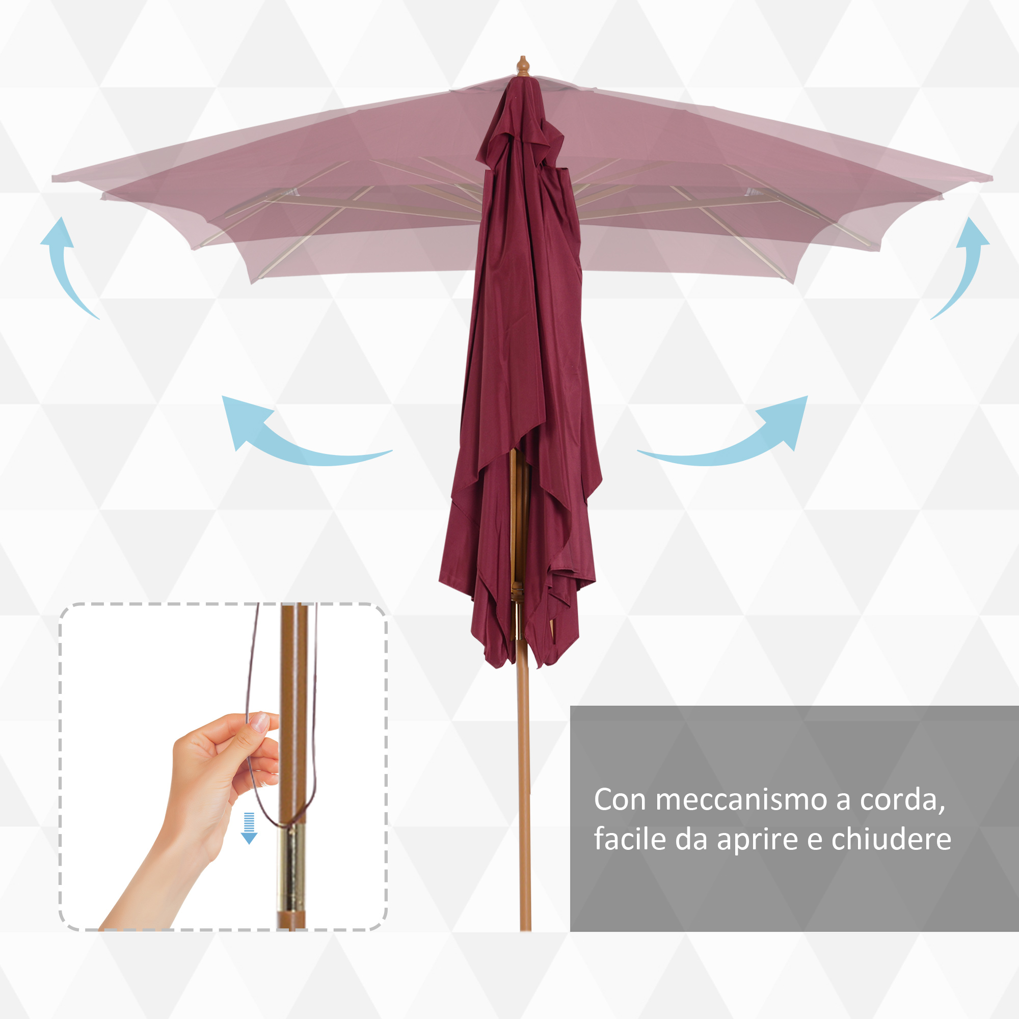 Un ombrellone da esterno color burgundy con palo in legno. L'inserto mostra una mano che tira un cordoncino.