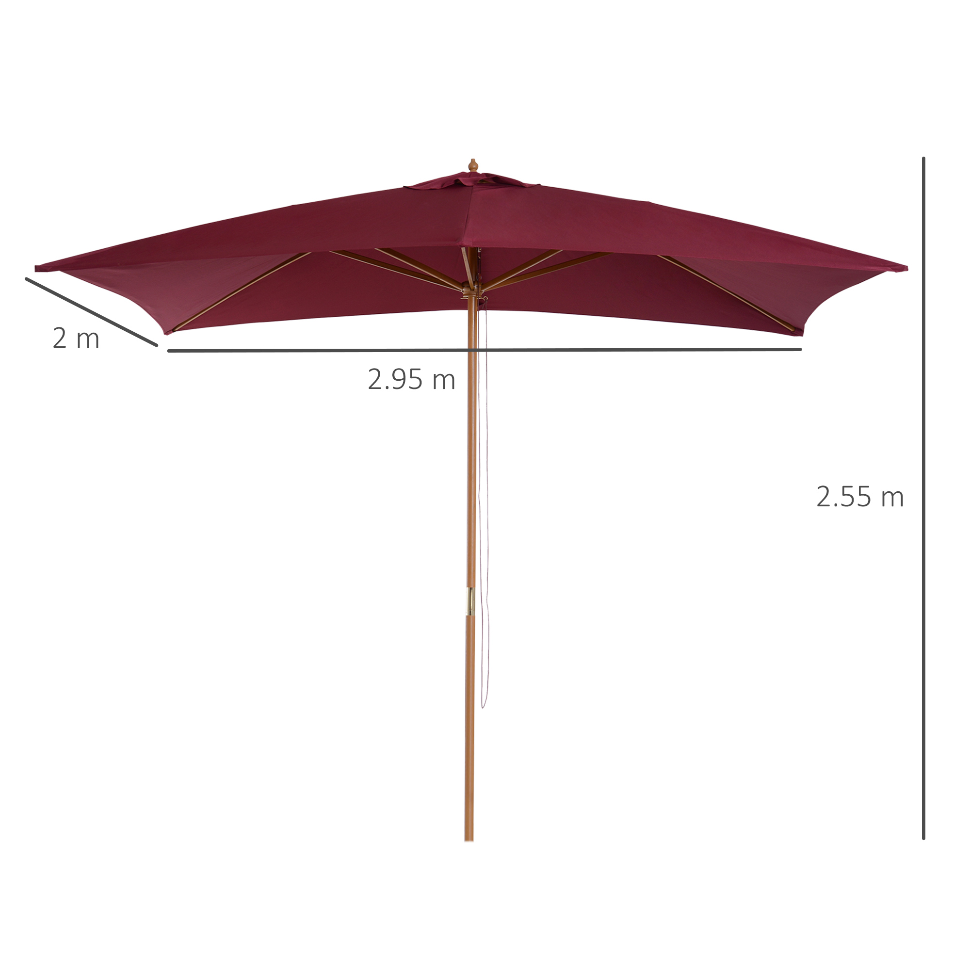 Un ombrellone rettangolare color bordeaux con palo in legno. Larghezza 2,95m, Altezza 2,55m.
