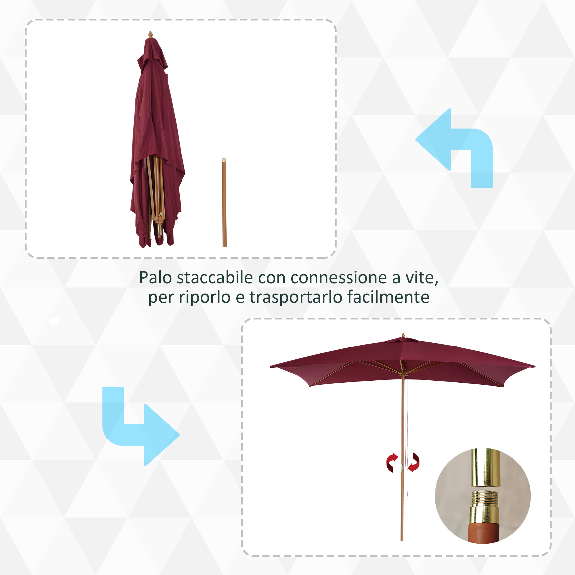 Un ombrellone da esterno bordeaux mostrato smontato con palo e giunzione separati.