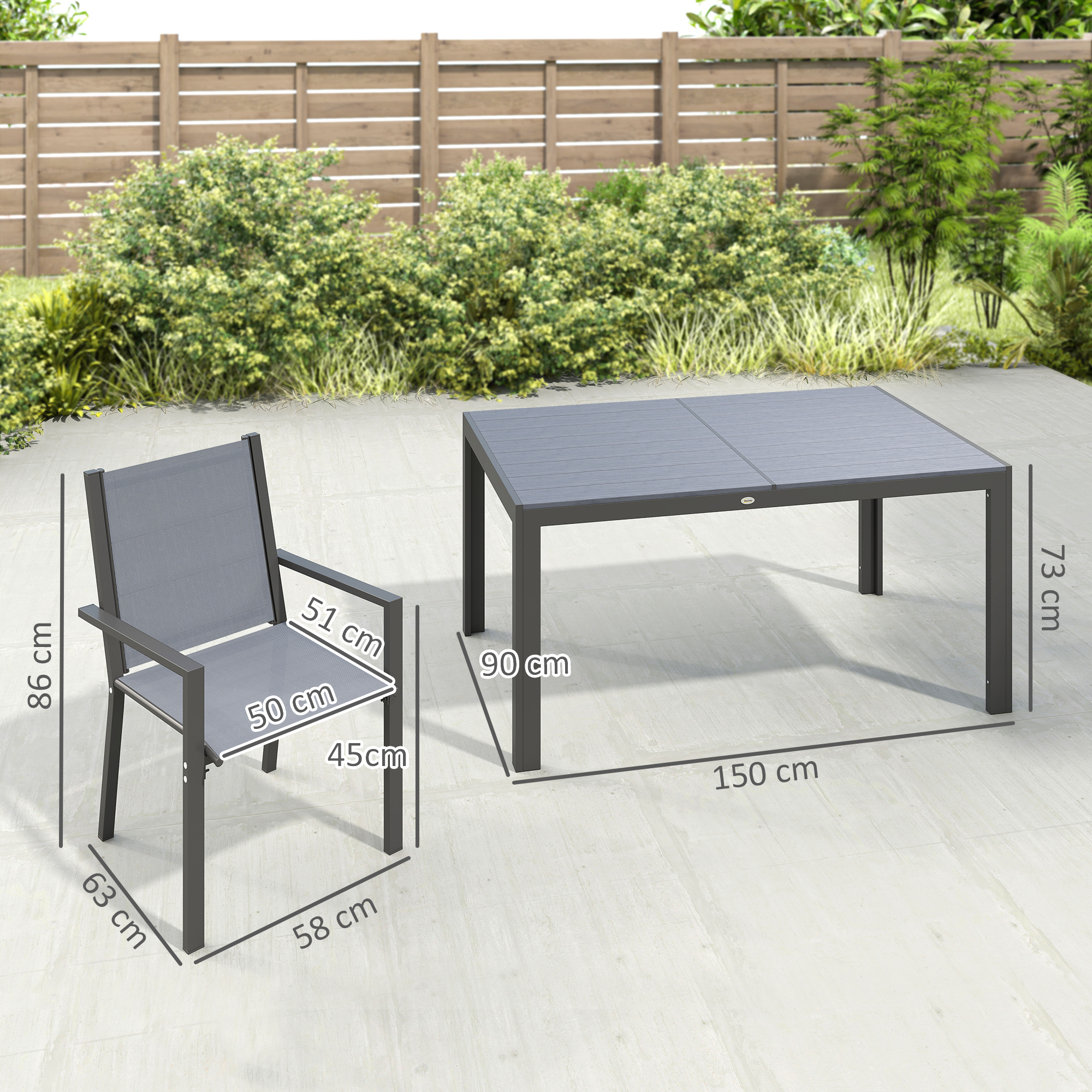 Un tavolo da giardino grigio (150x90x73cm) e sedia (63x58x86cm) con dimensioni.