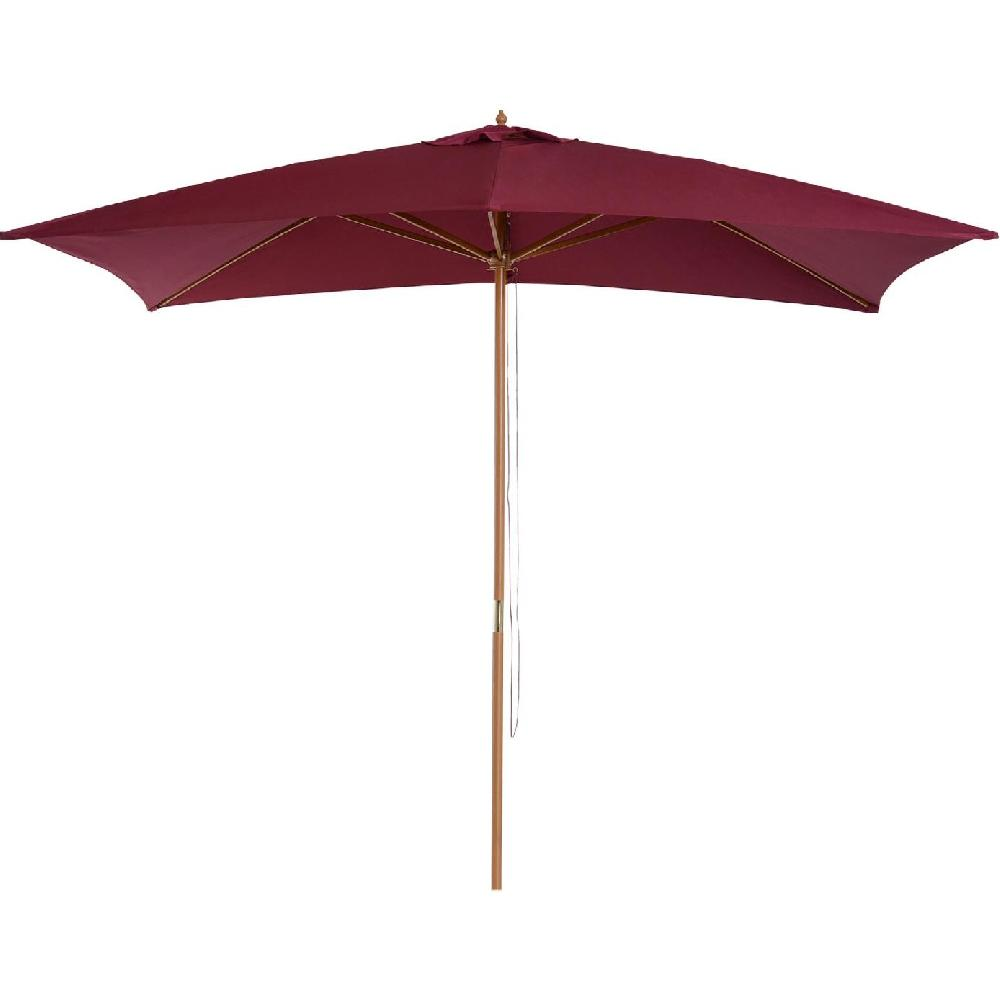 Un ombrellone rettangolare da esterno color bordeaux con palo e telaio in legno è aperto.