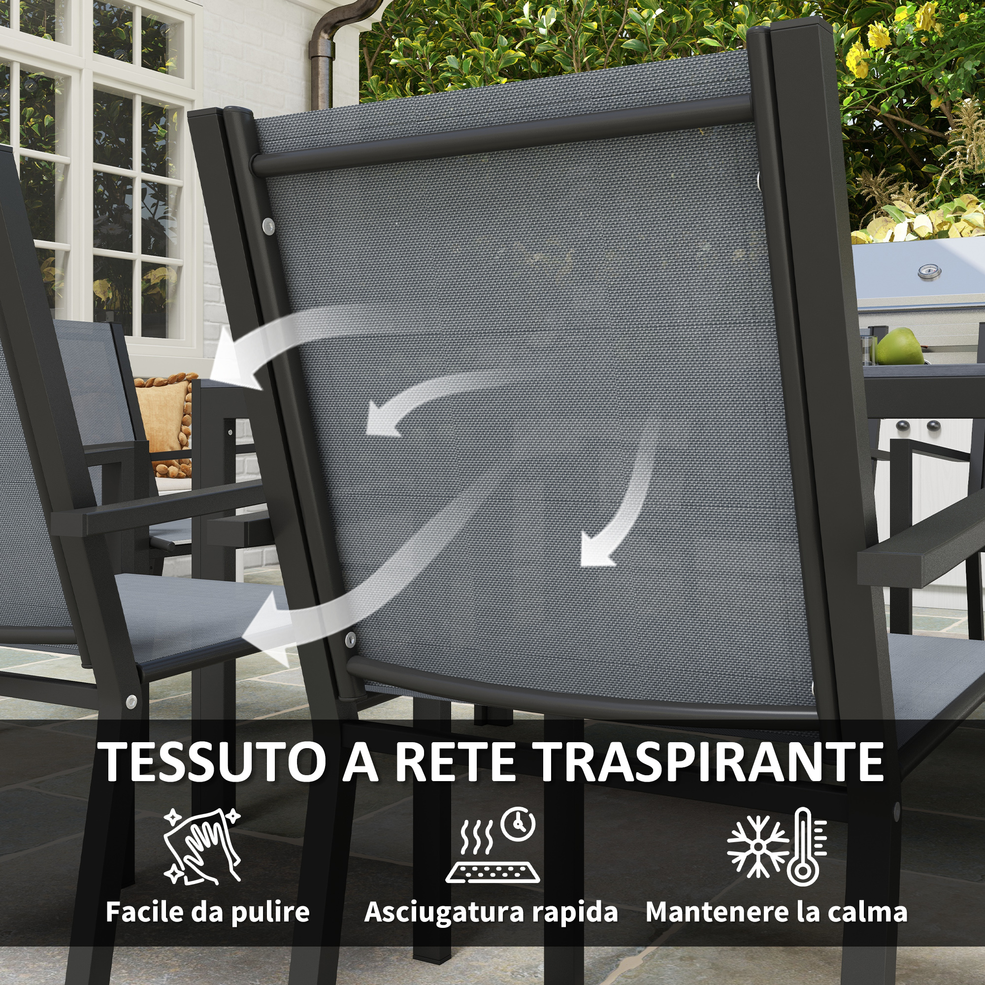 Tre sedie da esterno con tessuto a rete grigio e telai neri. Frecce indicano la circolazione aria.