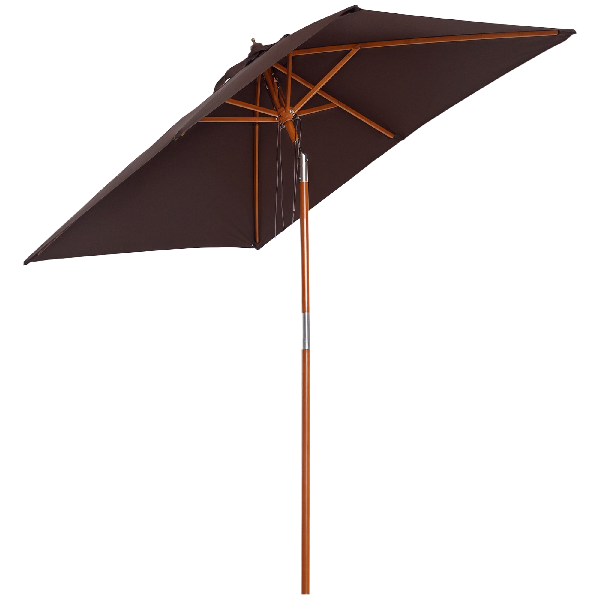 Un parasole rettangolare marrone con pali in legno, isolato su bianco.