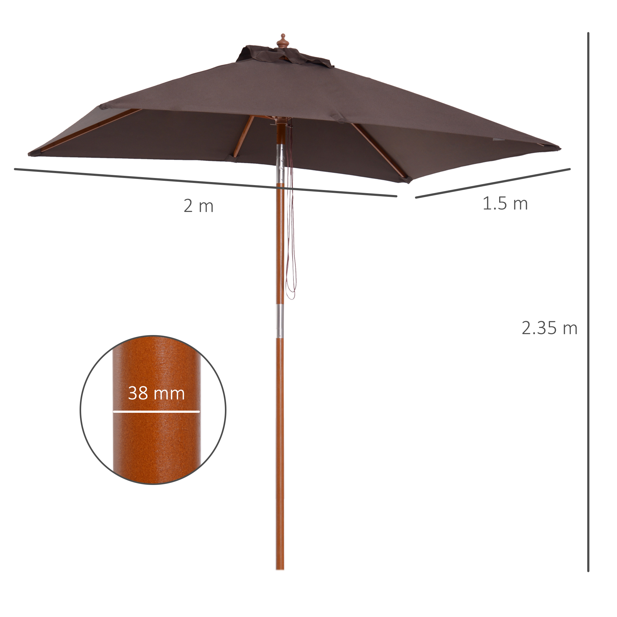 Un ombrellone rettangolare marrone con palo in legno e dimensioni.