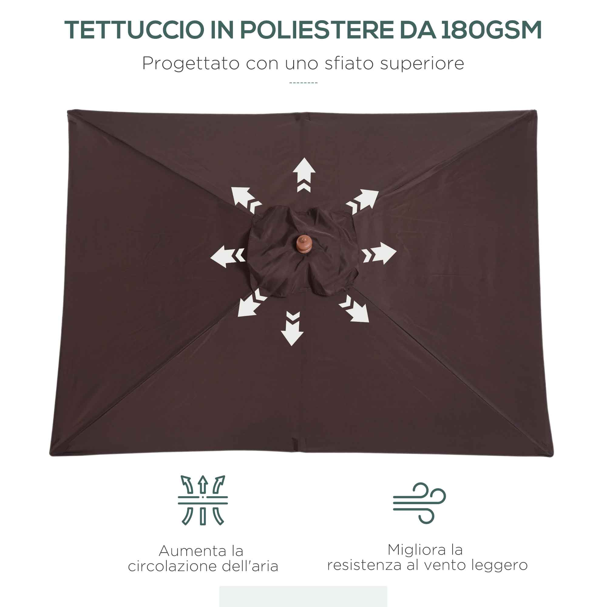 Tettuccio marrone scuro per ombrellone con frecce che indicano migliore circolazione aria e resistenza vento.