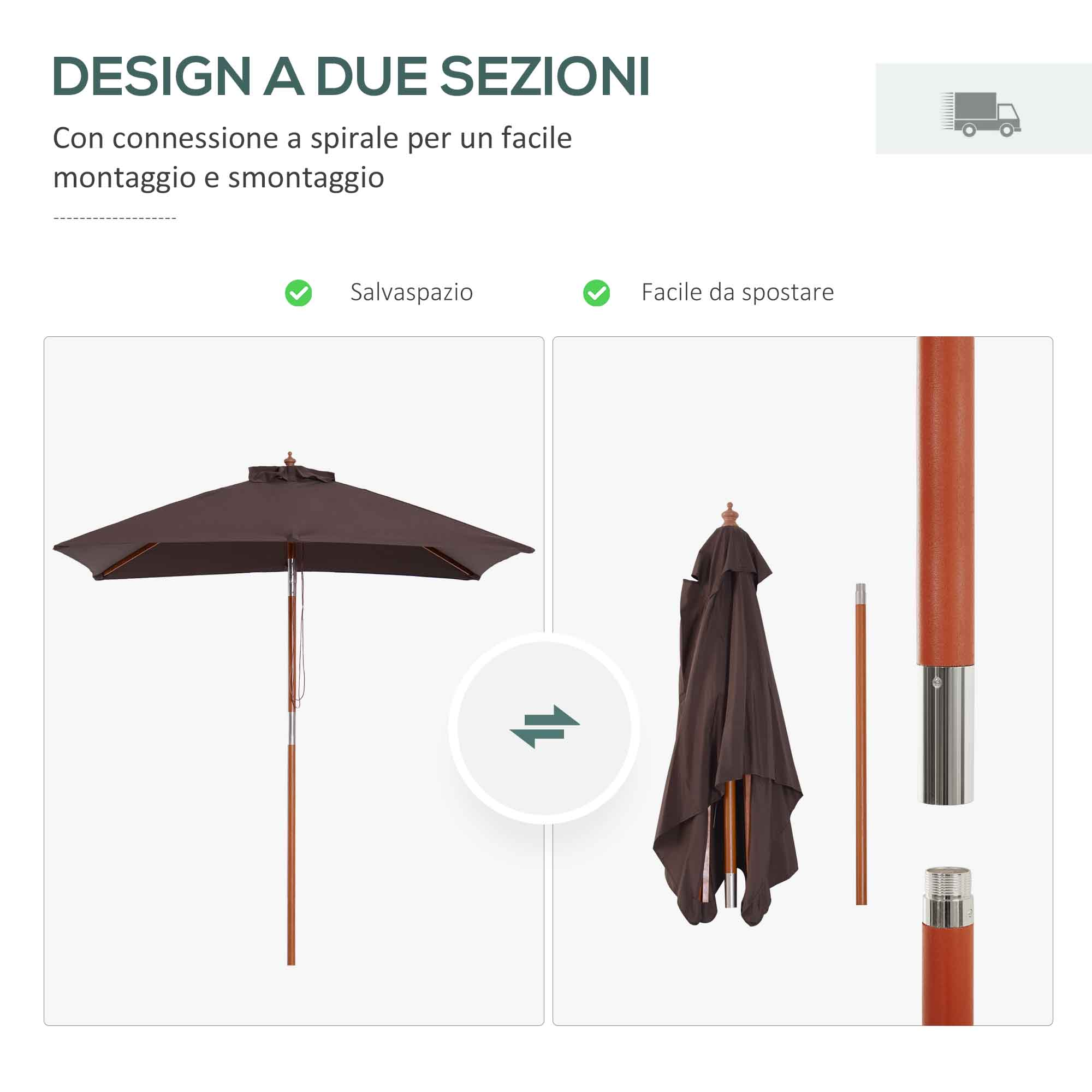 Un ombrellone marrone, aperto e piegato, con pali in legno.