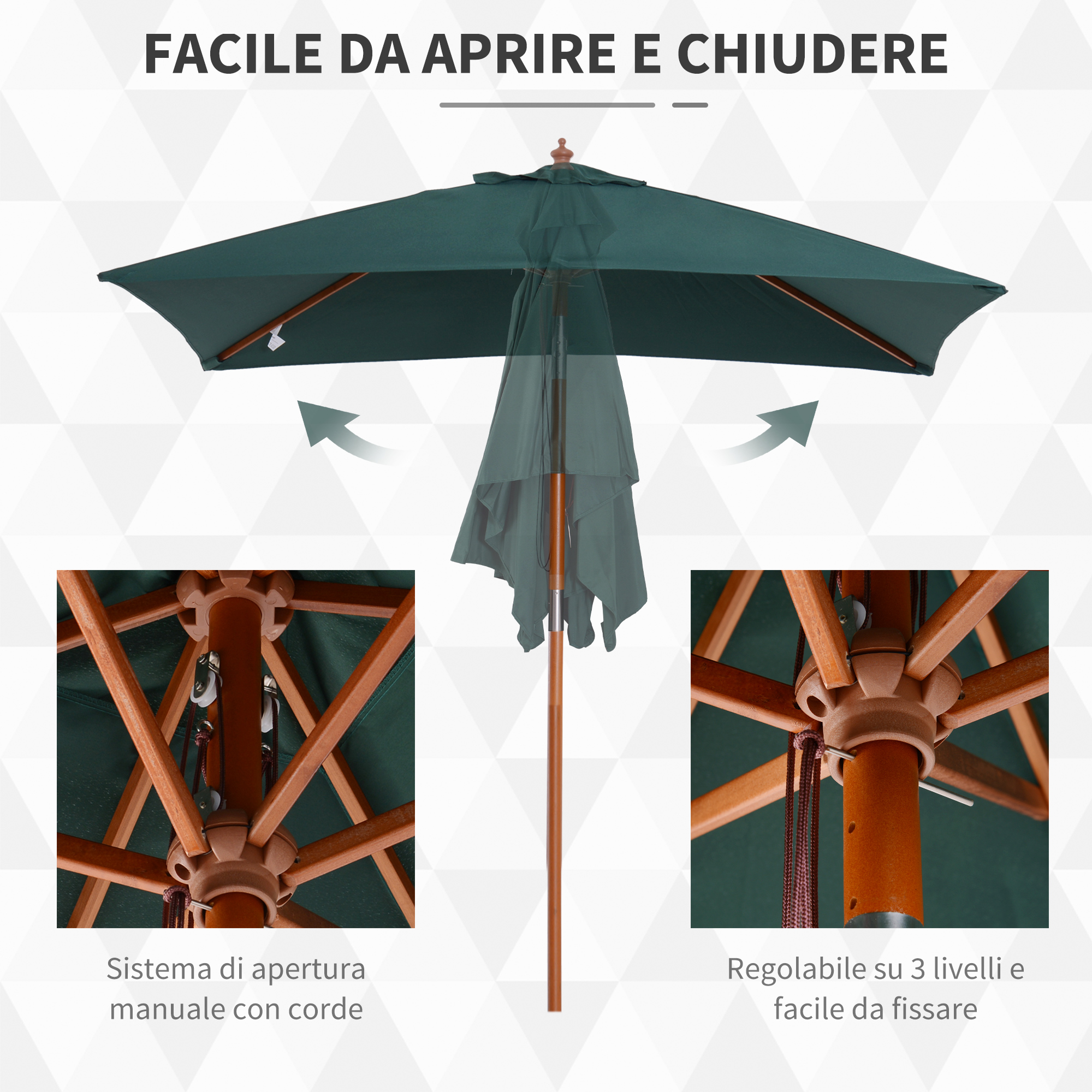 Ombrellone verde scuro con telaio in legno e meccanismo a corda.