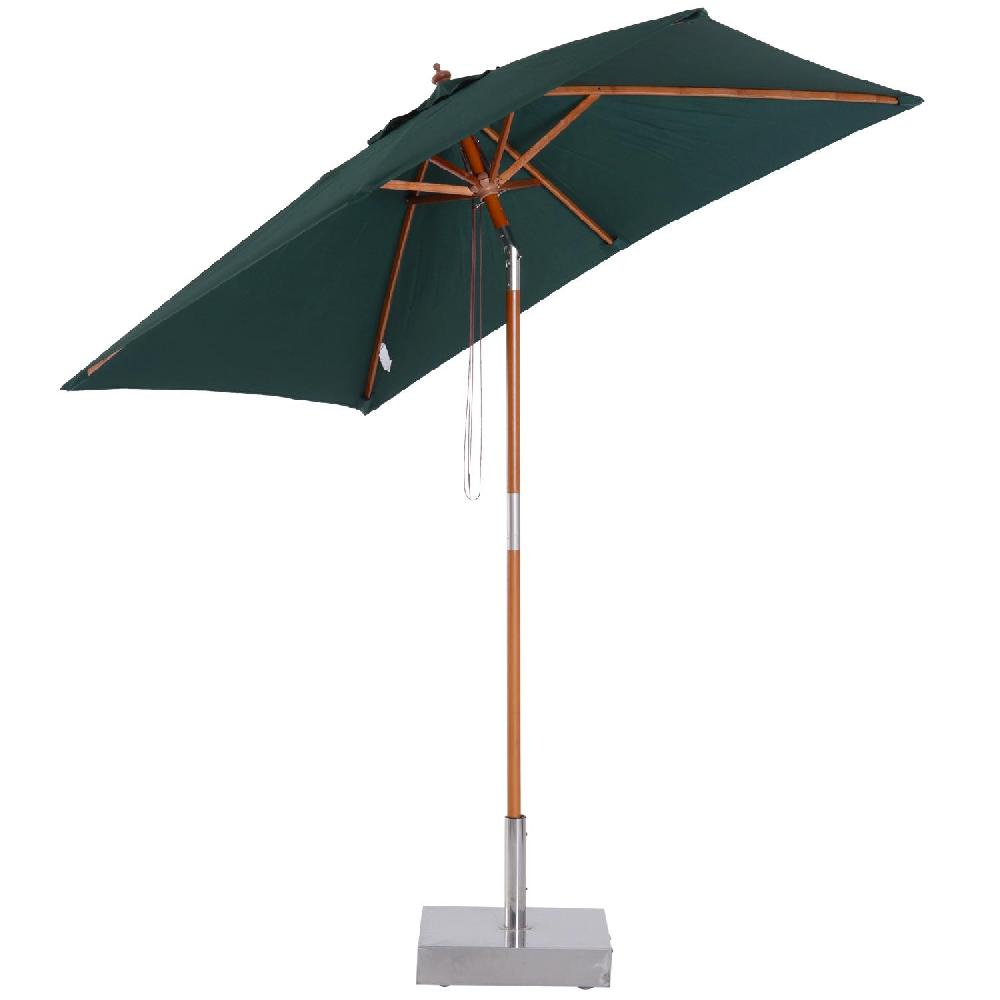 Ombrellone rettangolare verde scuro con palo in legno e base in metallo.