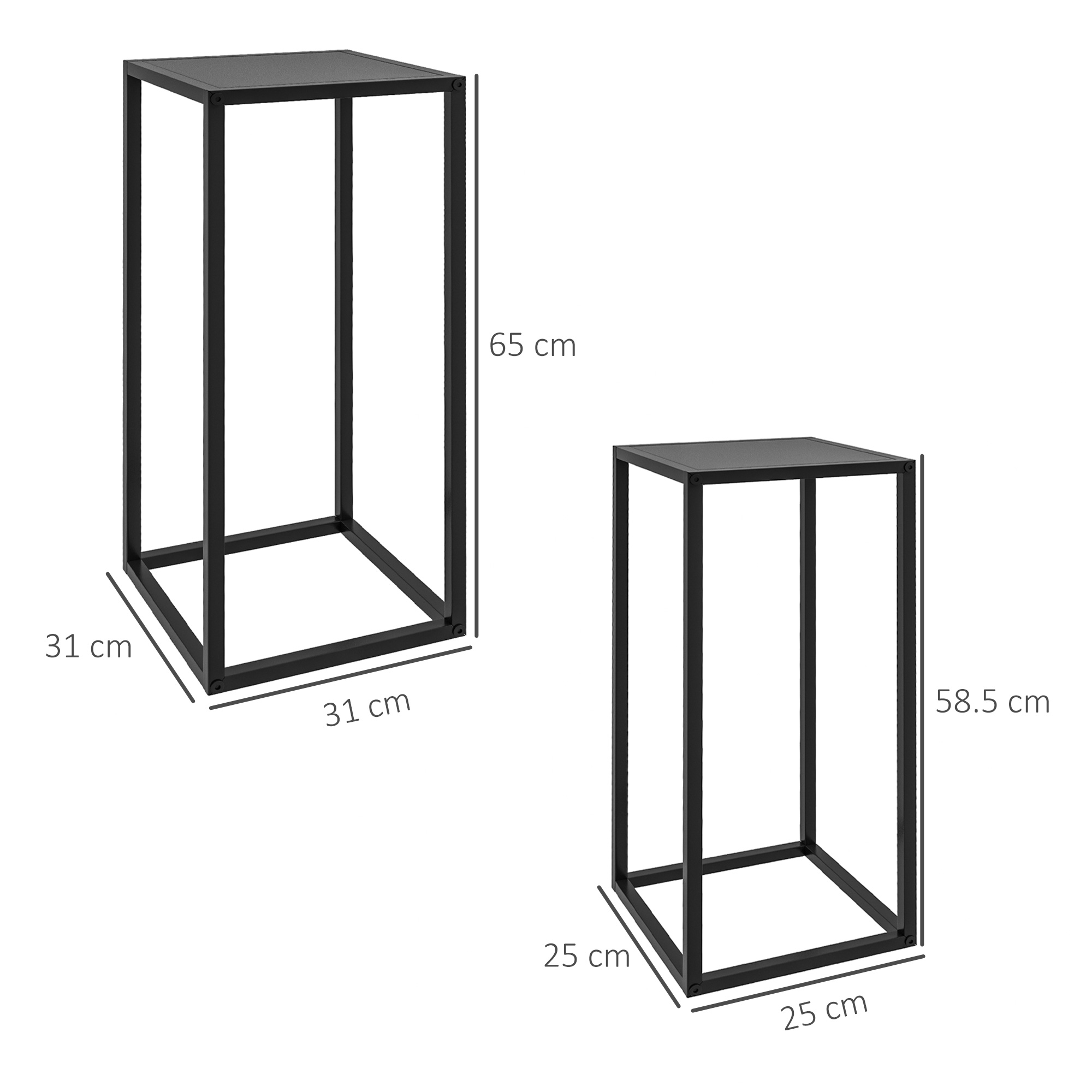 Due supporti in metallo nero. Uno misura 31x31x65 cm, l'altro 25x25x58,5 cm.